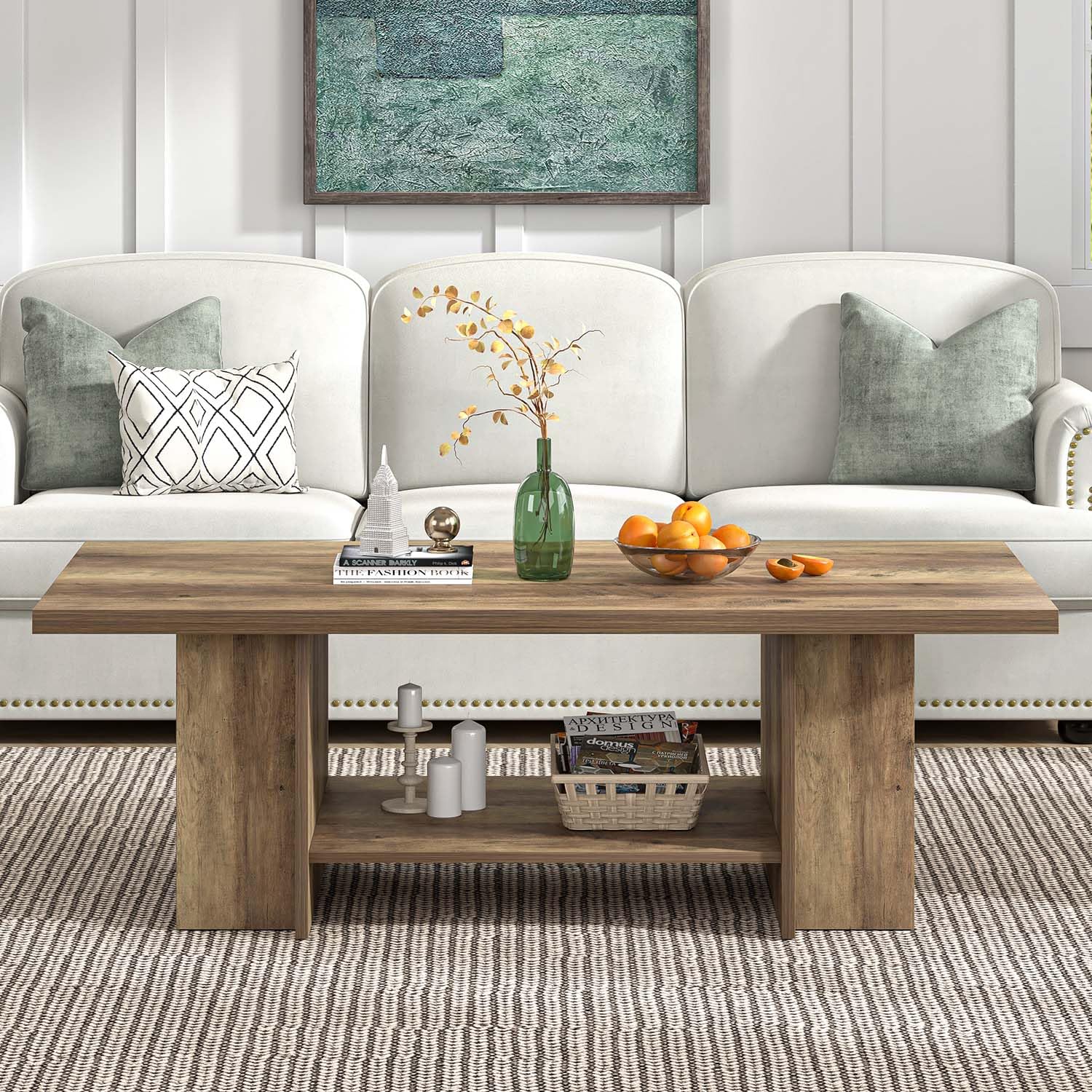 Mesa auxiliar de madera, mesa central moderna para sala de estar con estante inferior - Imagen 5