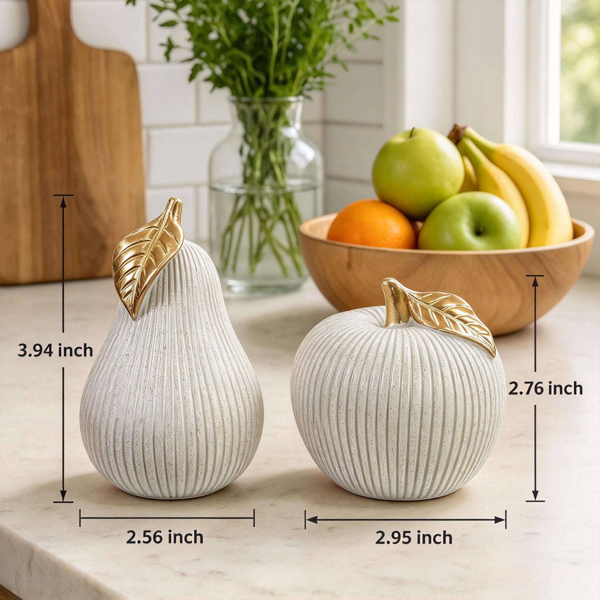 Juego de decoración de manzana y pera, esculturas decorativas de frutas blancas y doradas - Imagen 2