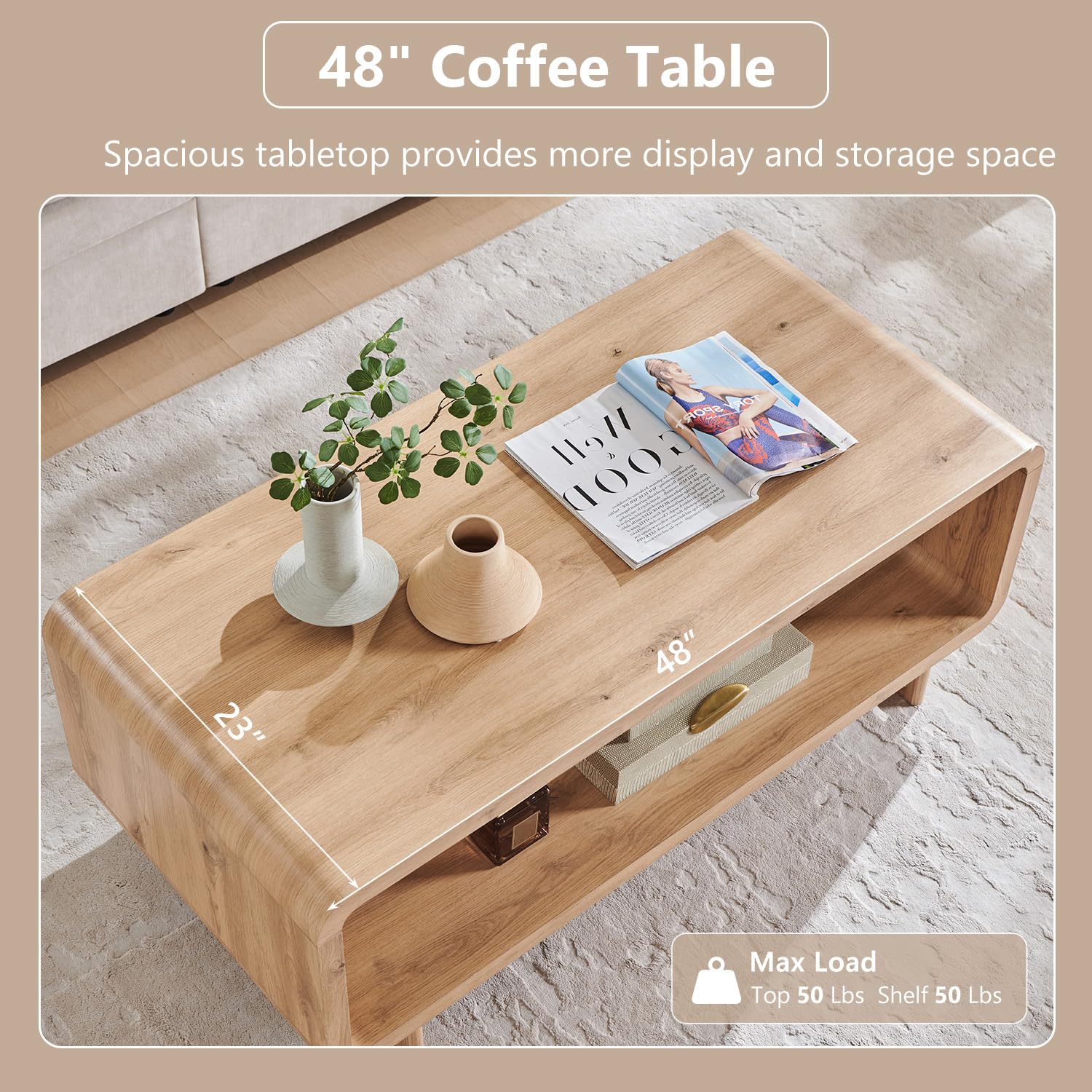 IFGET Mesa de Centro Moderna de 48", Mesa Central Minimalista de 2 Niveles con Estante - Imagen 4