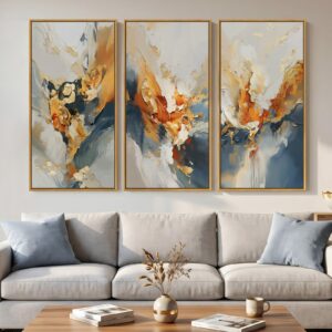 Arte de pared abstracto de oro naranja con marco grande para sala de estar