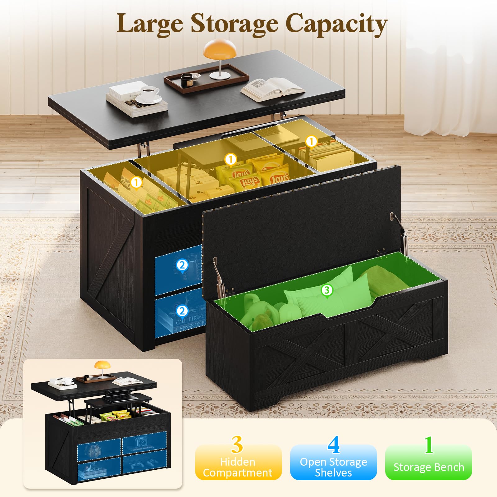 Mesa auxiliar elevable con banco de almacenamiento, diseño convertible 4 en - Imagen 4