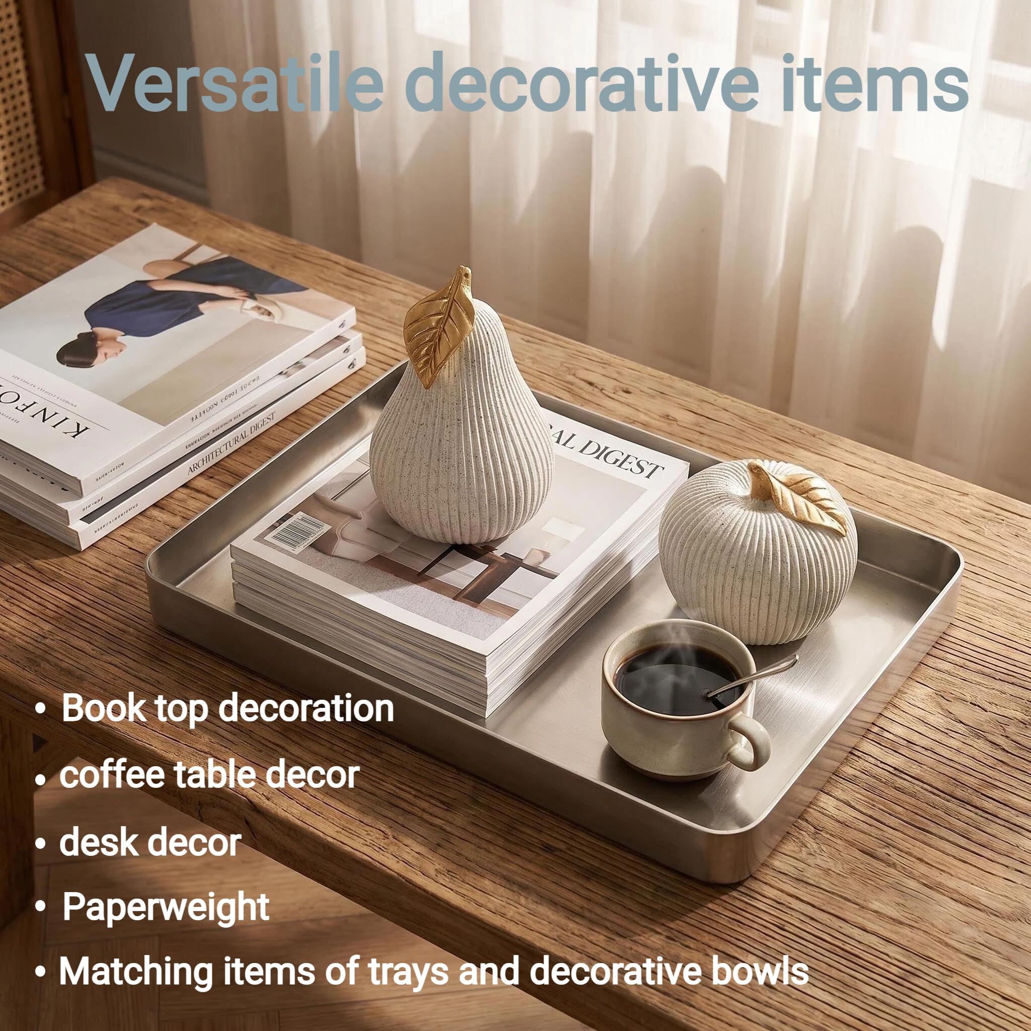 Juego de decoración de manzana y pera, esculturas decorativas de frutas blancas y doradas - Imagen 3