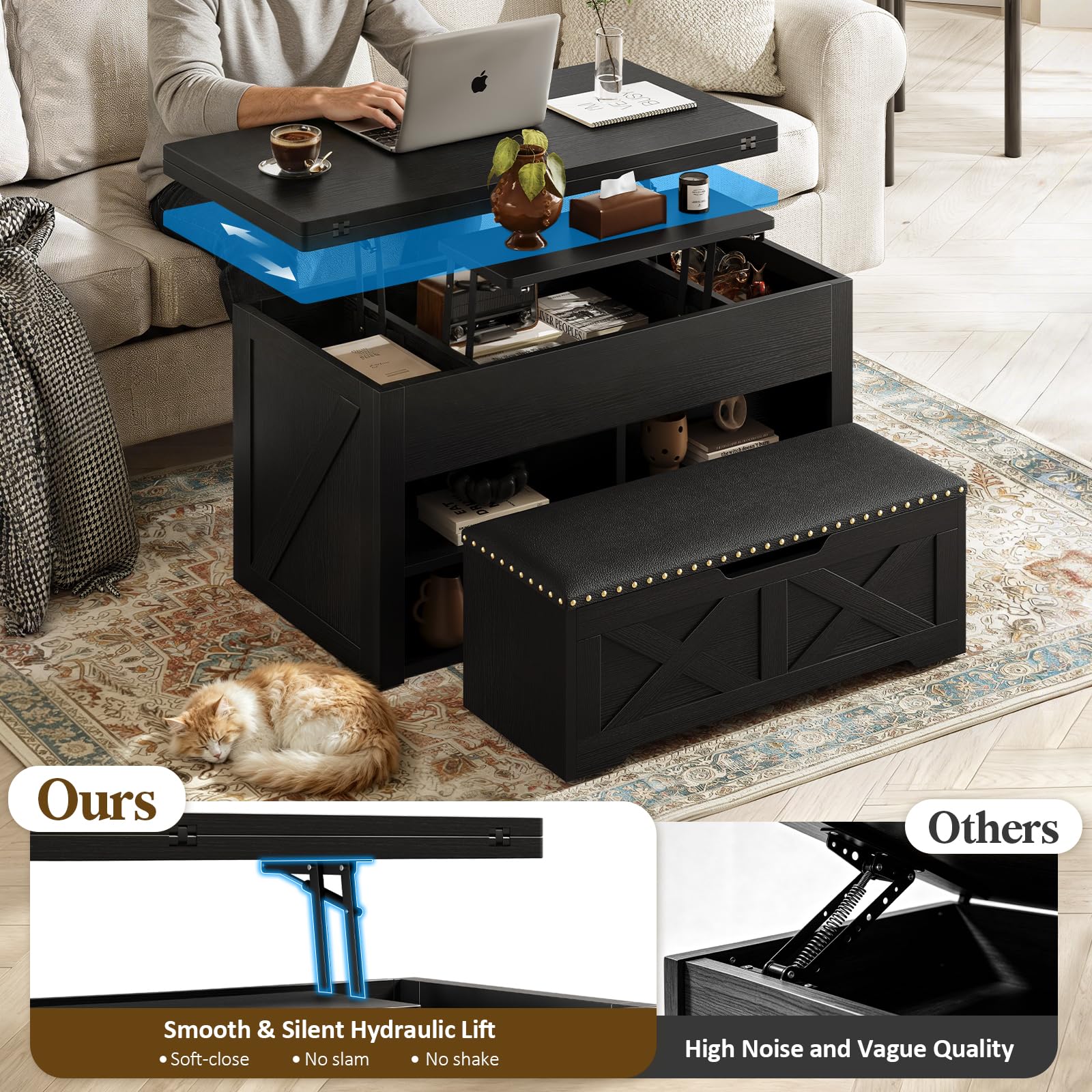 Mesa auxiliar elevable con banco de almacenamiento, diseño convertible 4 en - Imagen 5