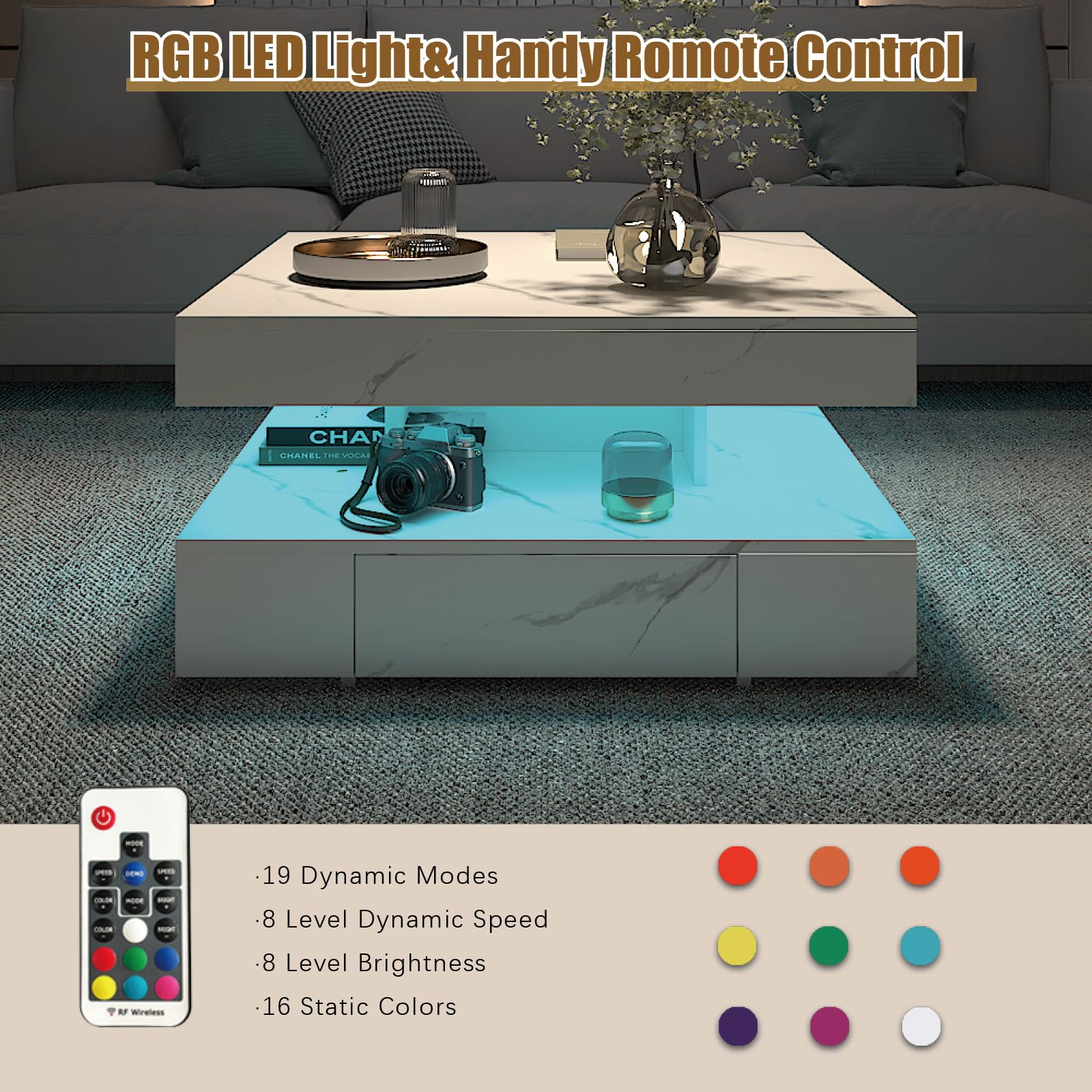 Mesa auxiliar LED con 2 cajones de almacenamiento para sala de estar - Imagen 3