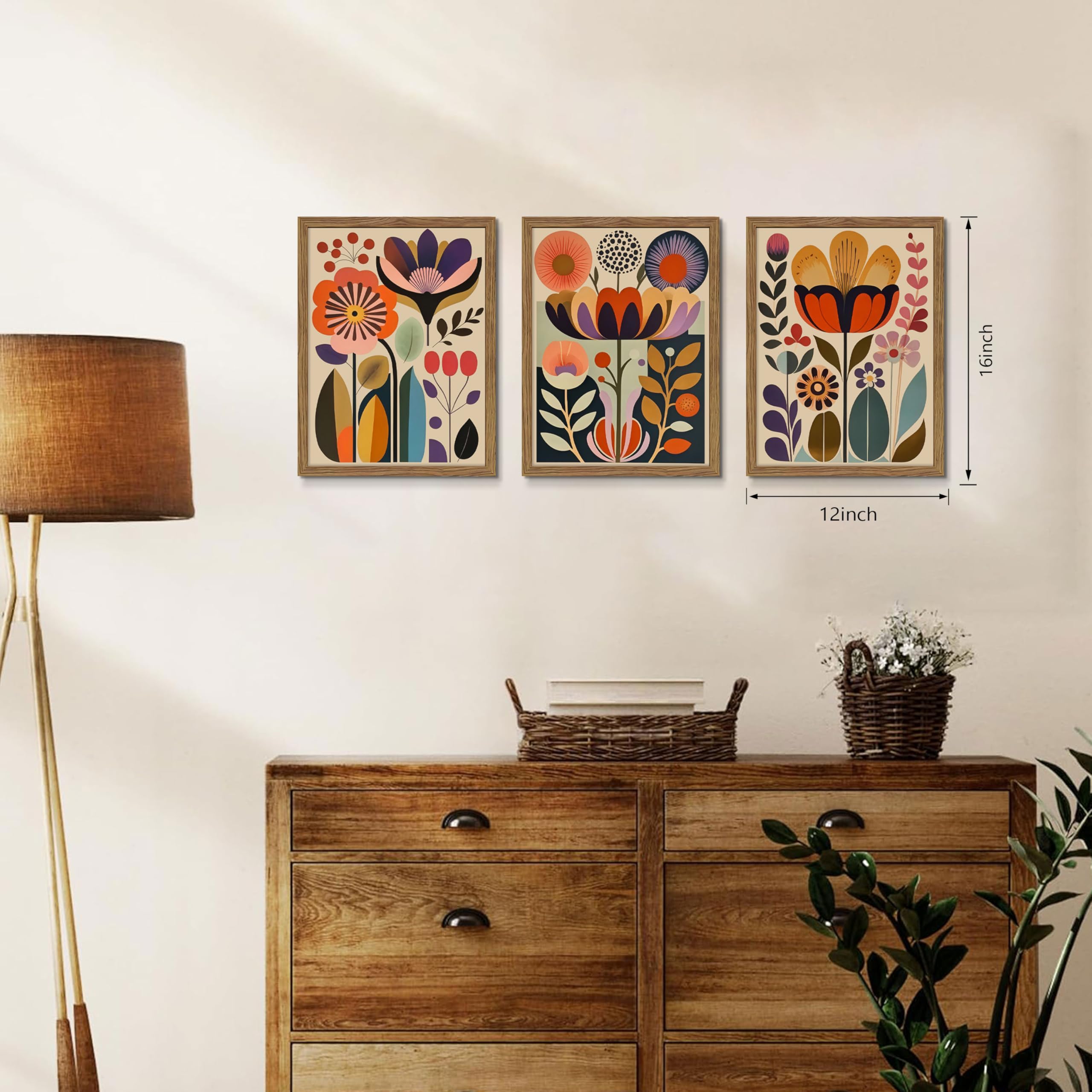 Juego de 3 pinturas artísticas abstractas de flores escandinavas enmarcadas - Imagen 3