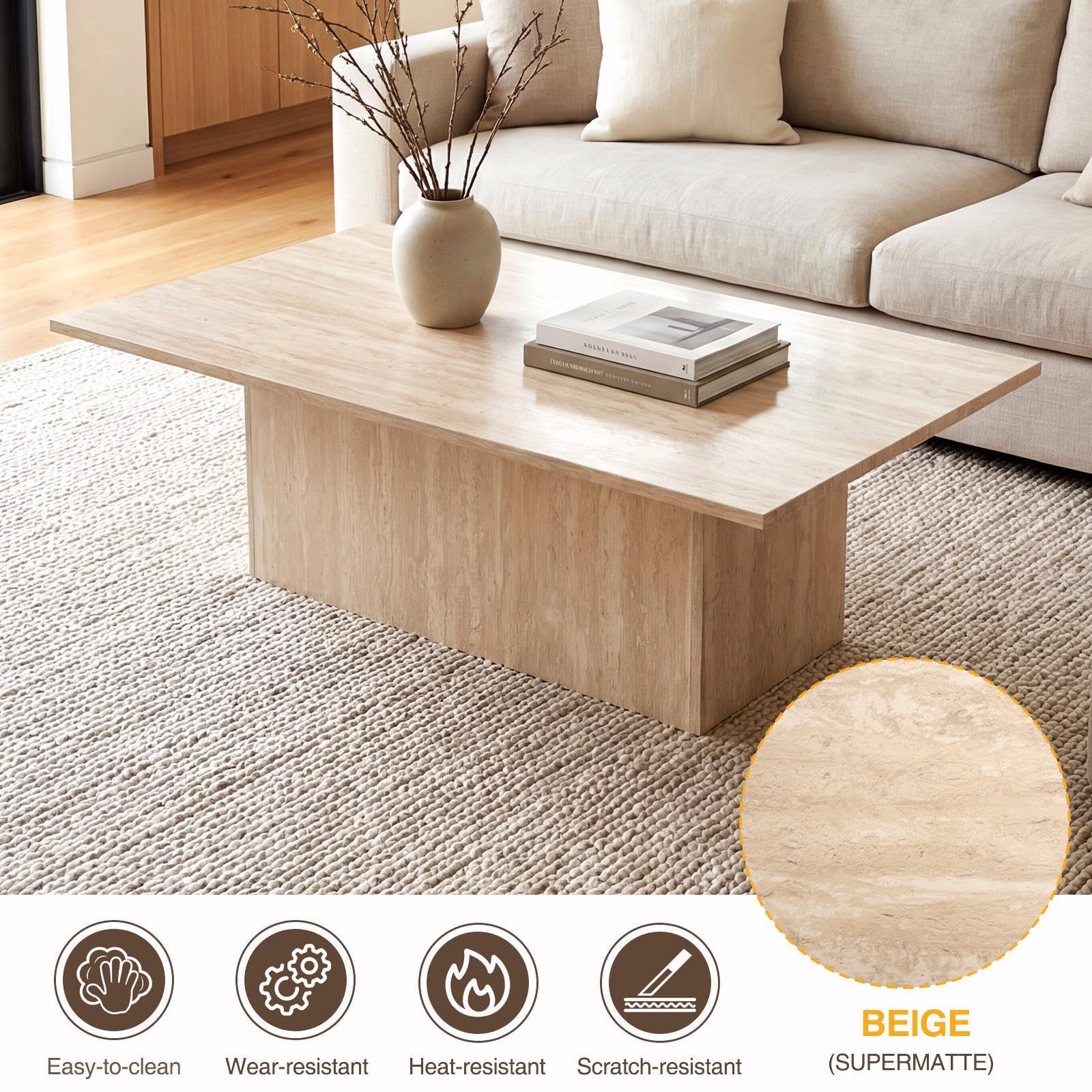 Mesa de centro rectangular moderna beige falso travertino - Imagen 5