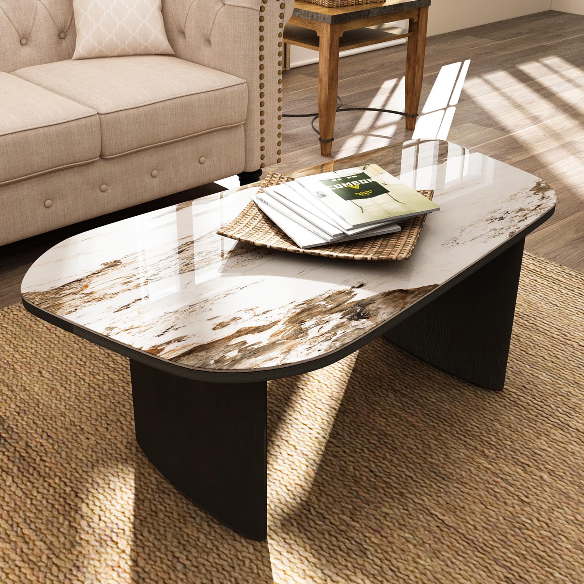 Mesa de café de mármol de lujo, parte superior de piedra sinterizada de alta calidad