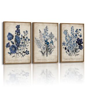 InSimSea Arte botánico vintage de gran tamaño, imagen azul, 3 piezas, 16 x