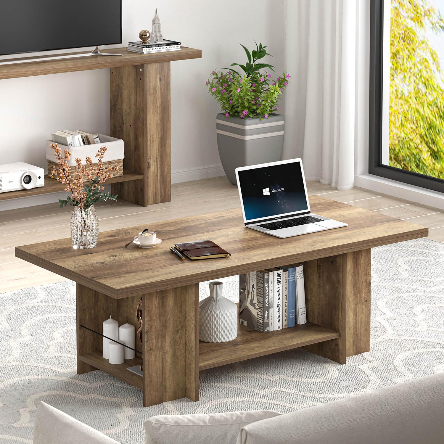 Mesa auxiliar de madera, mesa central moderna para sala de estar con estante inferior - Imagen 4