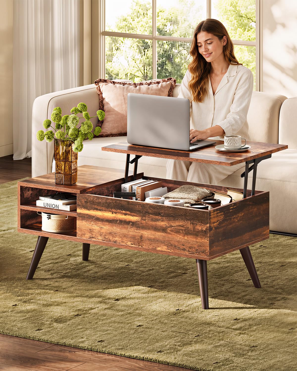 WLIVE Mesa auxiliar elevable con almacenamiento oculto, estante ajustable - Imagen 2