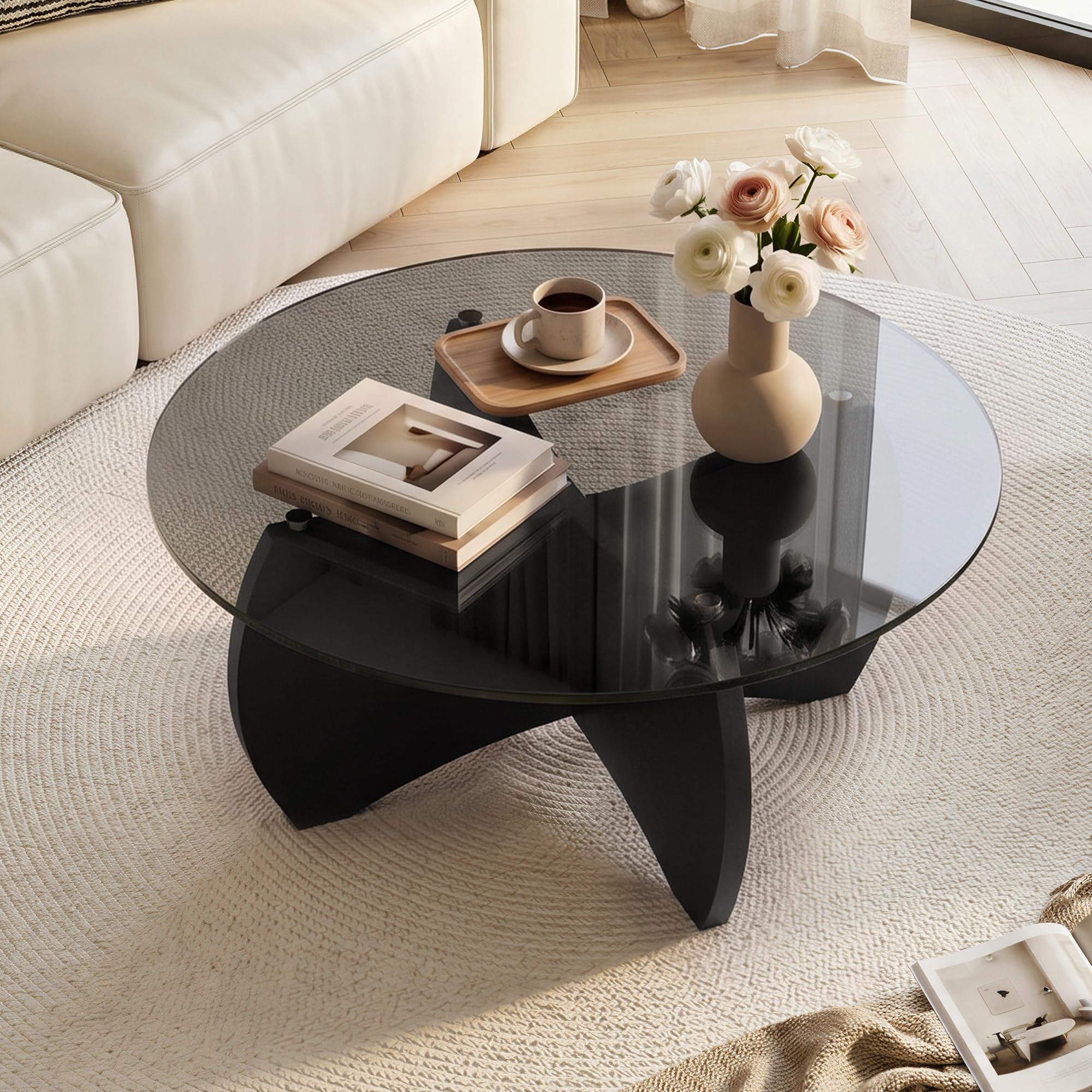 Mesa de centro redonda de cristal, base de madera maciza, 31.5 pulgadas