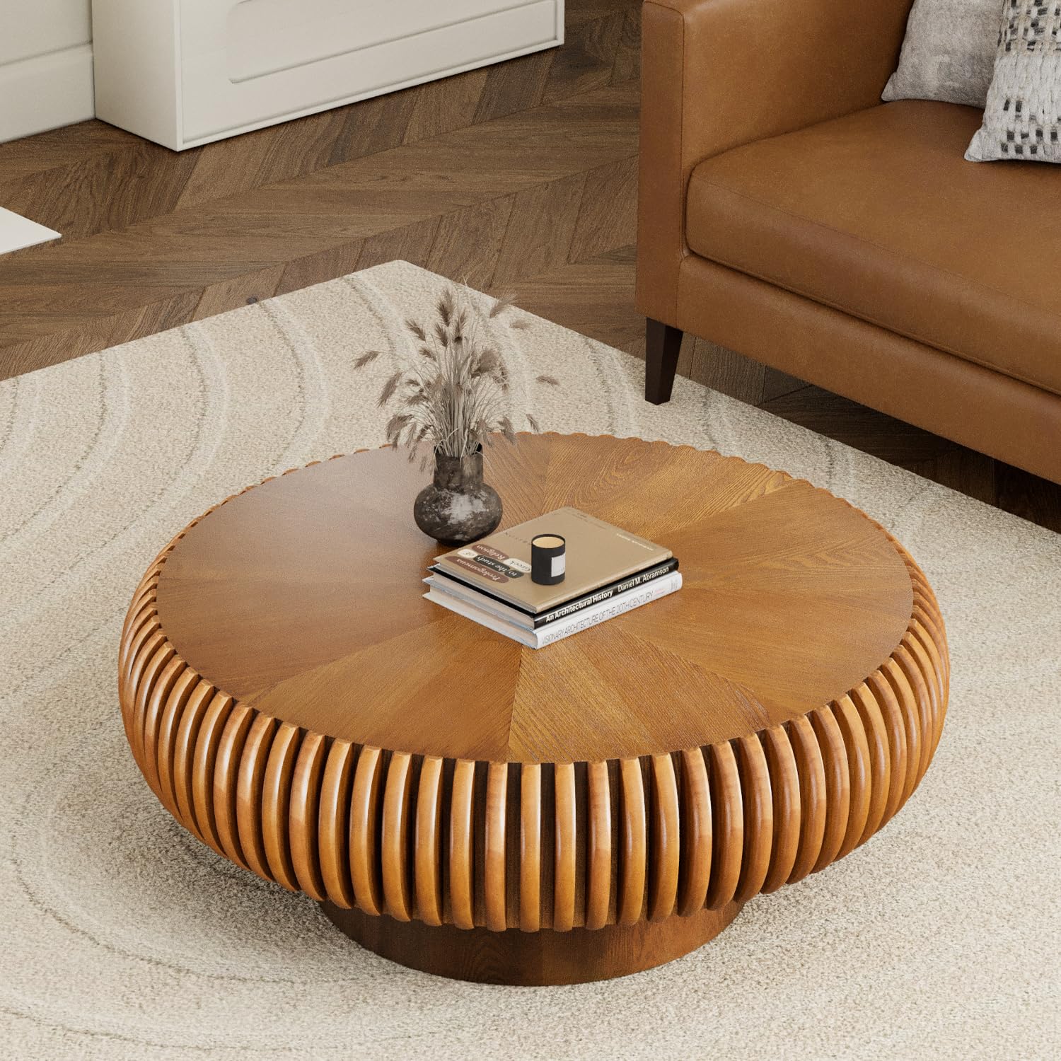 Mesa de centro acanalada de madera de tambor redondo marrón de 31 pulgadas (D, 1 unidad) - Imagen 4