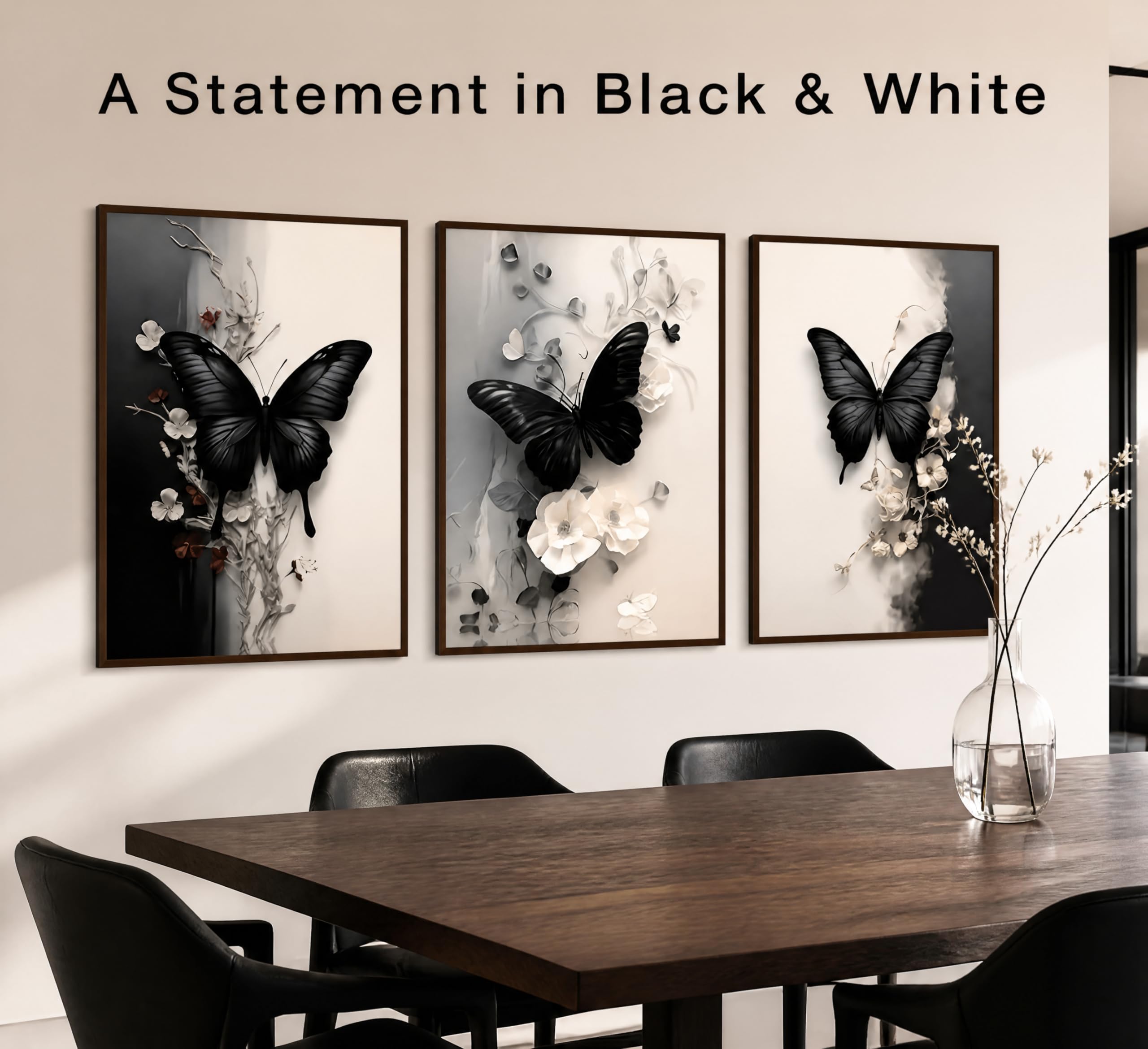 3 piezas de arte de pared en lienzo de mariposa con diseño de flores blancas y negras - Imagen 2