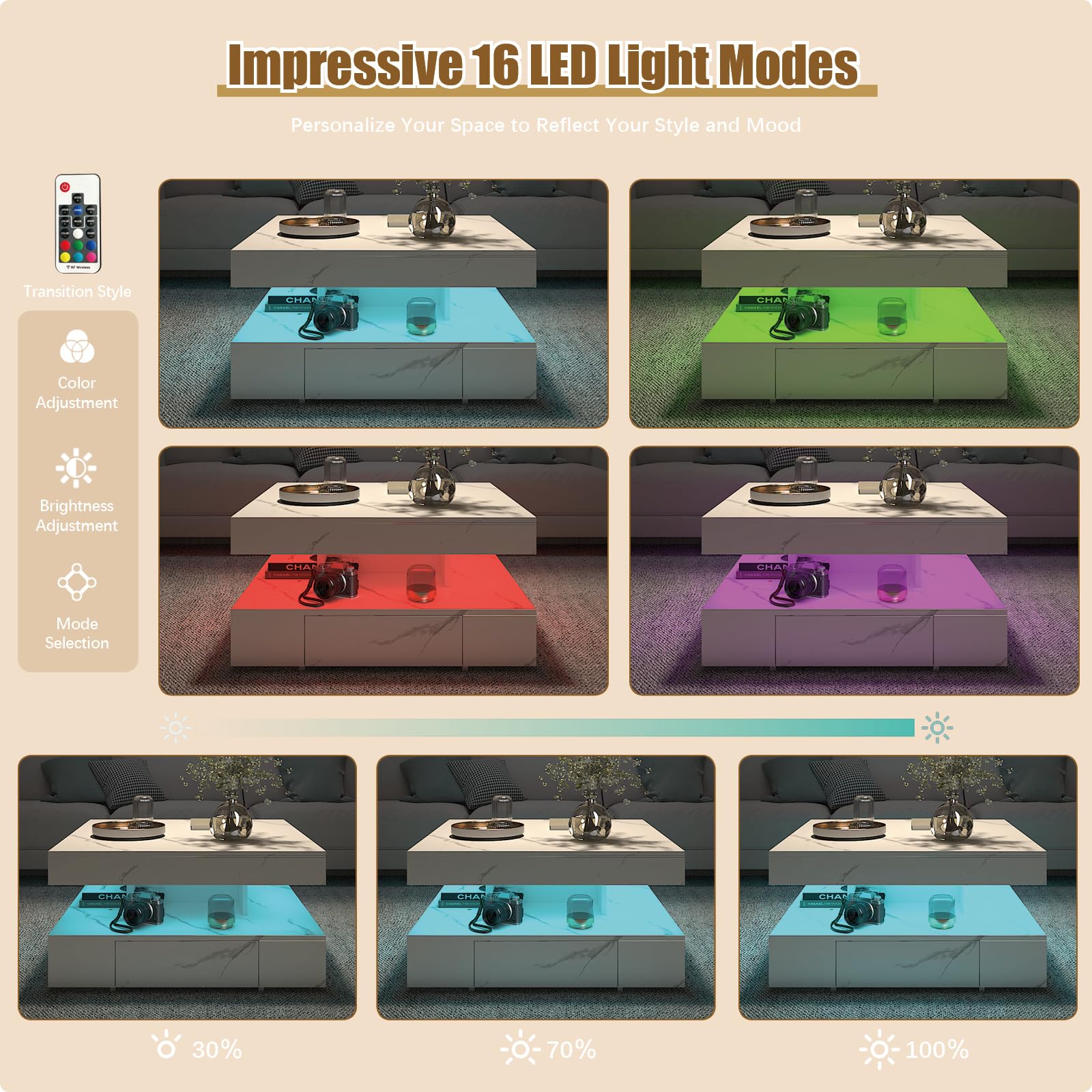 Mesa auxiliar LED con 2 cajones de almacenamiento para sala de estar - Imagen 4