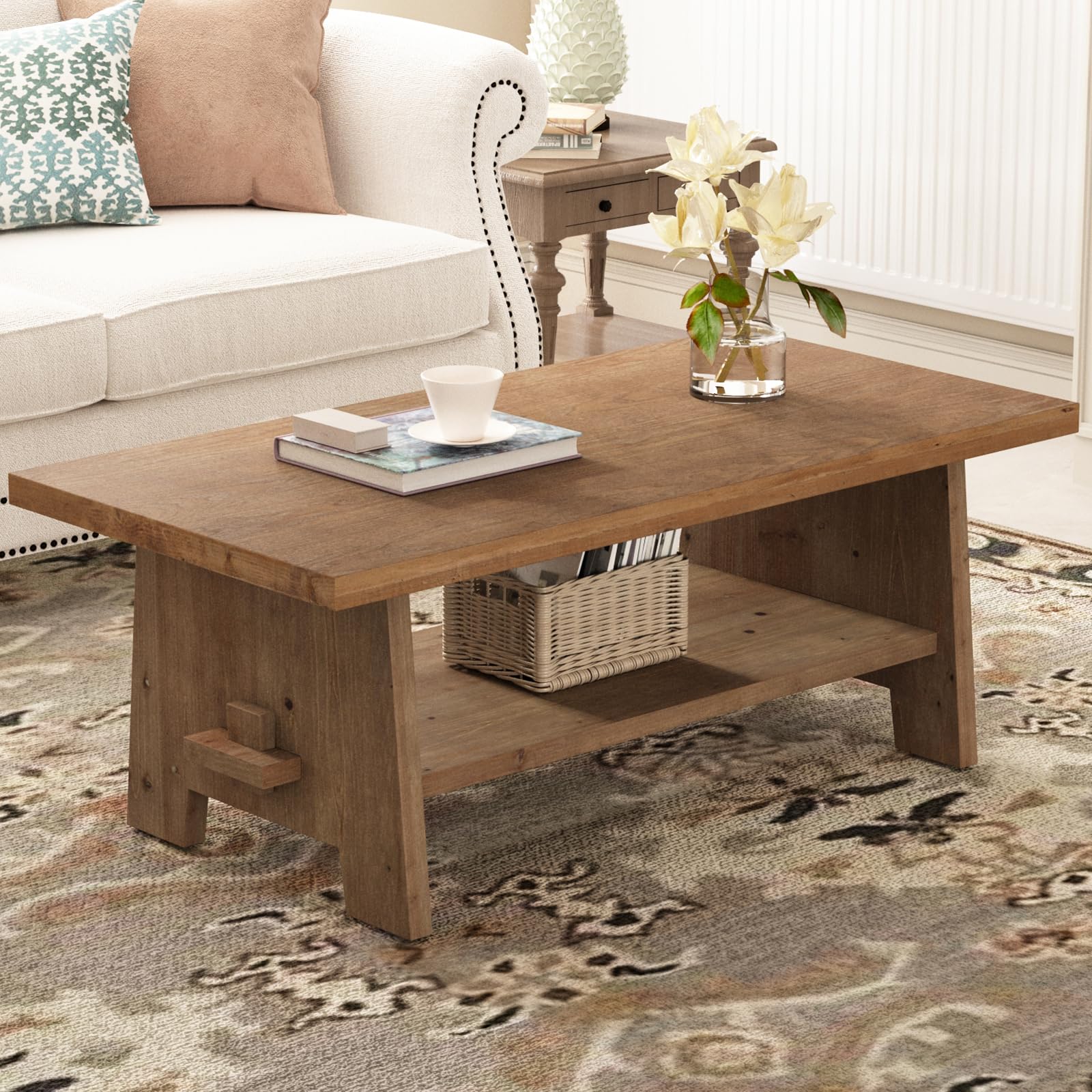 Mesa de centro de madera de granja, mesa central de 43.4 pulgadas