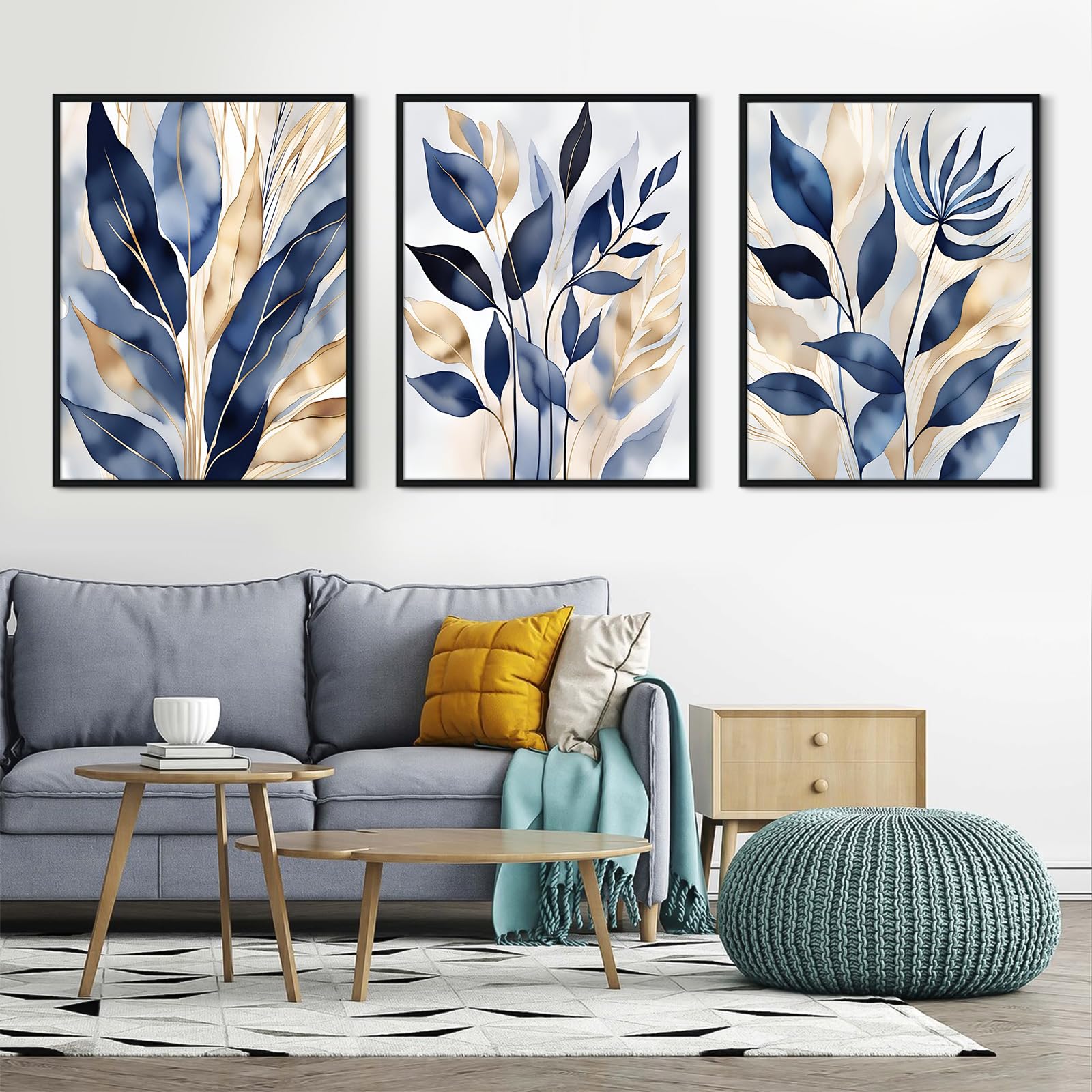 Lhoiplme Arte de Pared Botánico Azul Abstracto Impresiones en Lienzo de Hojas Decoración - Imagen 5