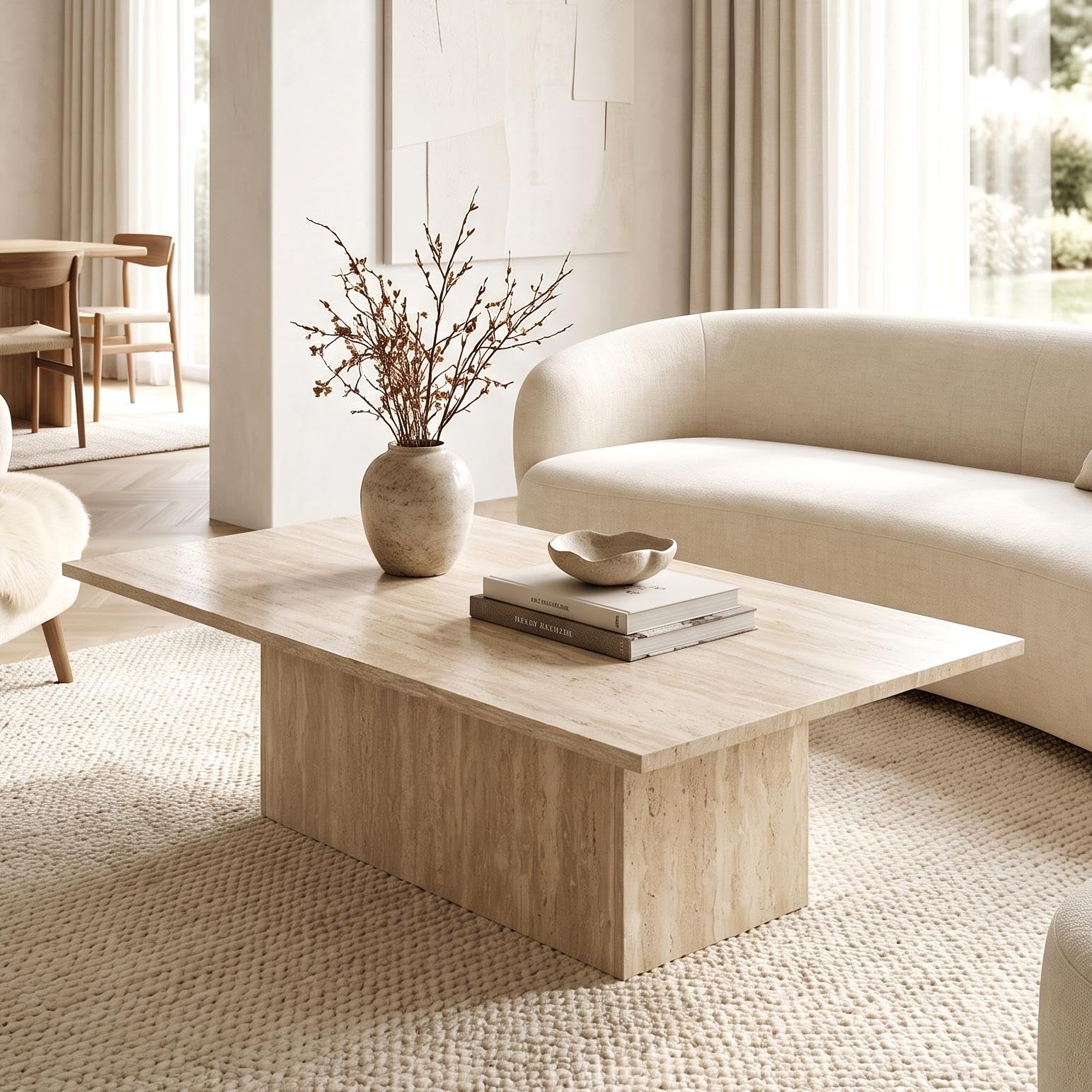 Mesa de centro rectangular moderna beige falso travertino