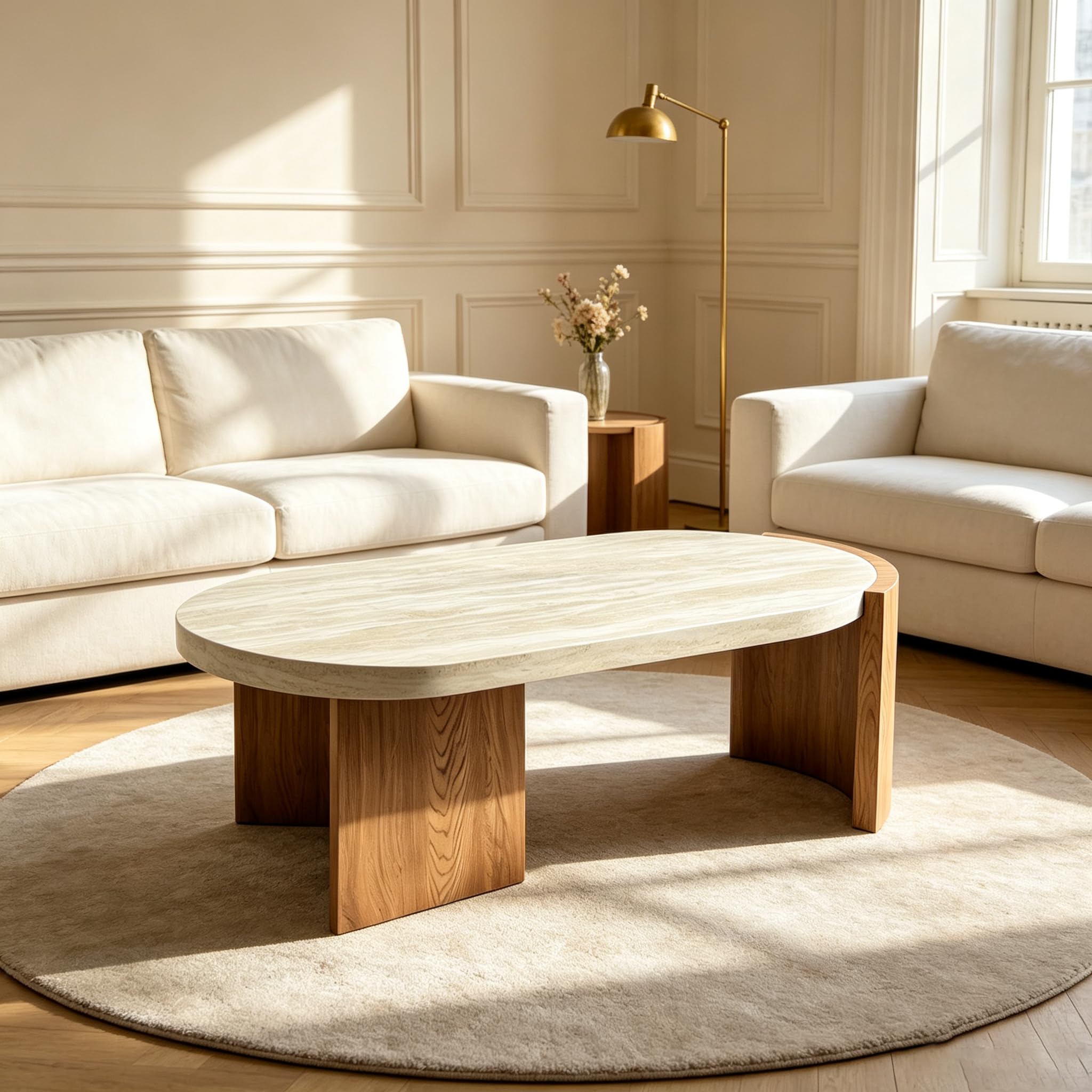 Mesa de centro ovalada de travertino sintético de 48.42 pulgadas