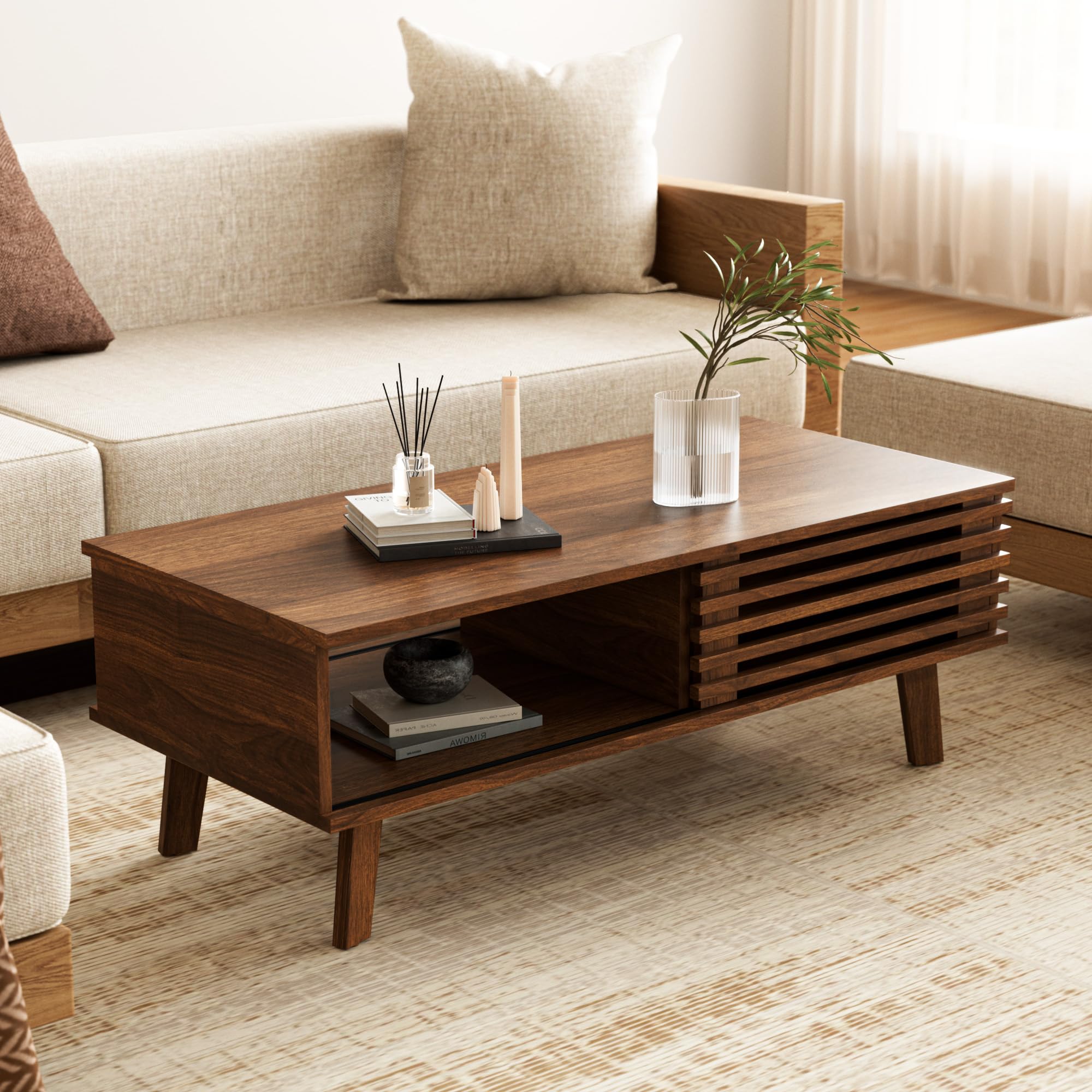Mesa de Centro Moderna de Mediados del Siglo, Mesa de Centro de Madera con Almacenamiento