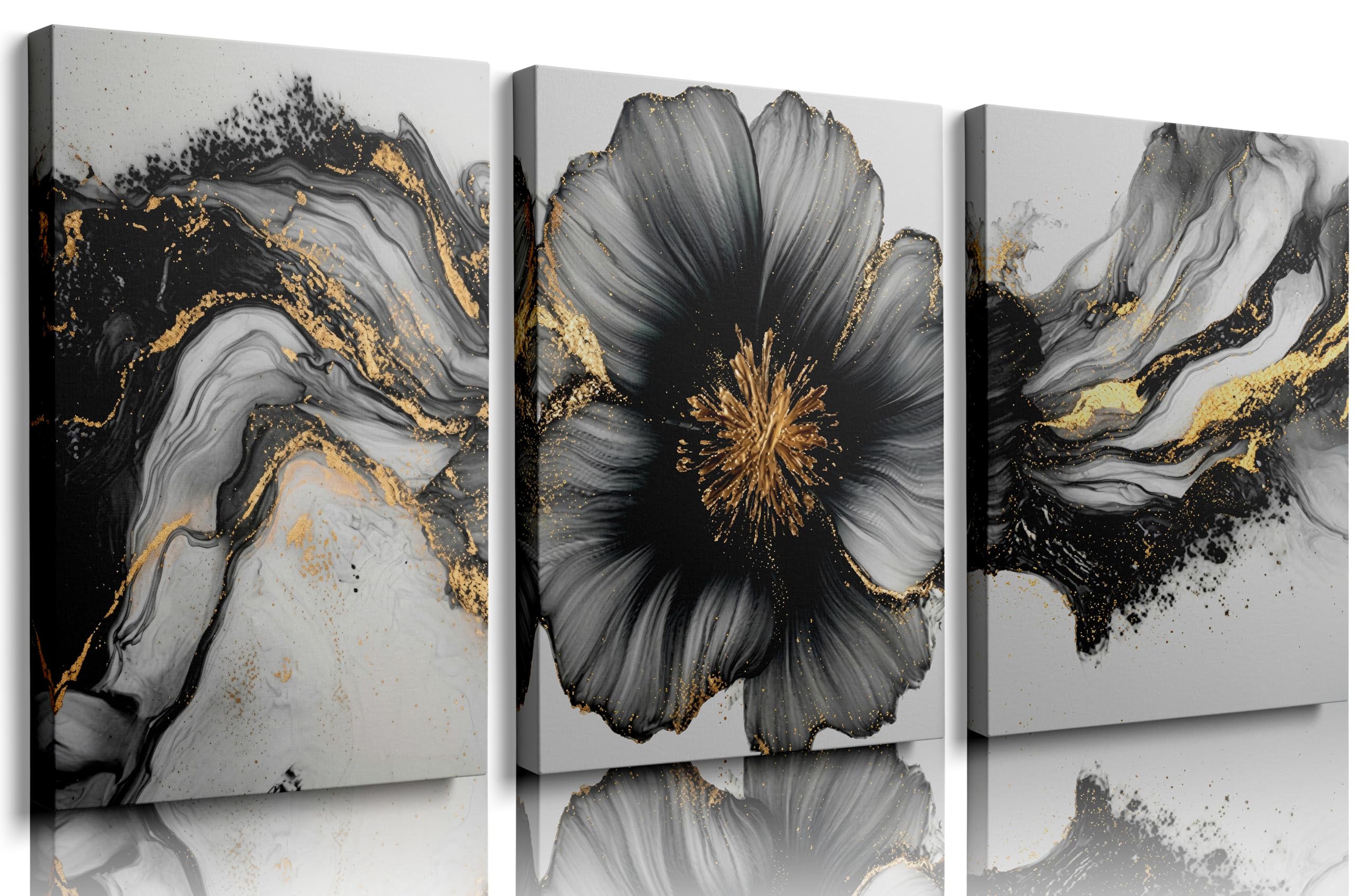 BVVEYKXX Arte de pared en lienzo negro y dorado, impresiones florales