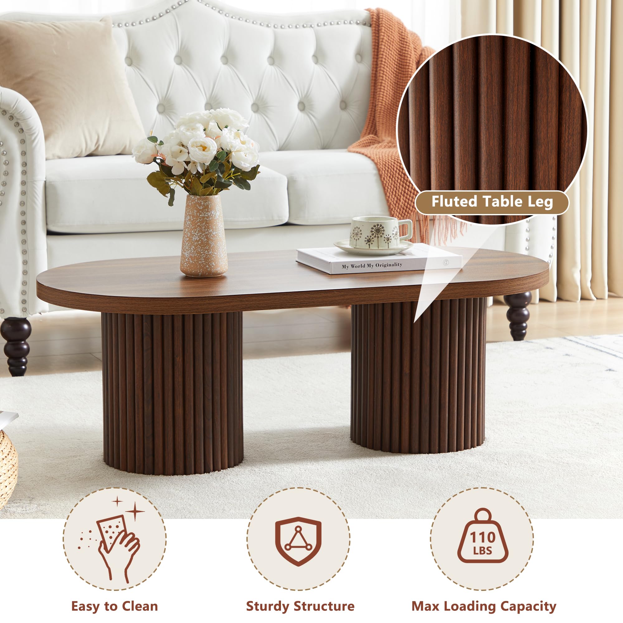 Mesa de centro ovalada acanalada, mesa de centro de madera estilo granja - Imagen 5