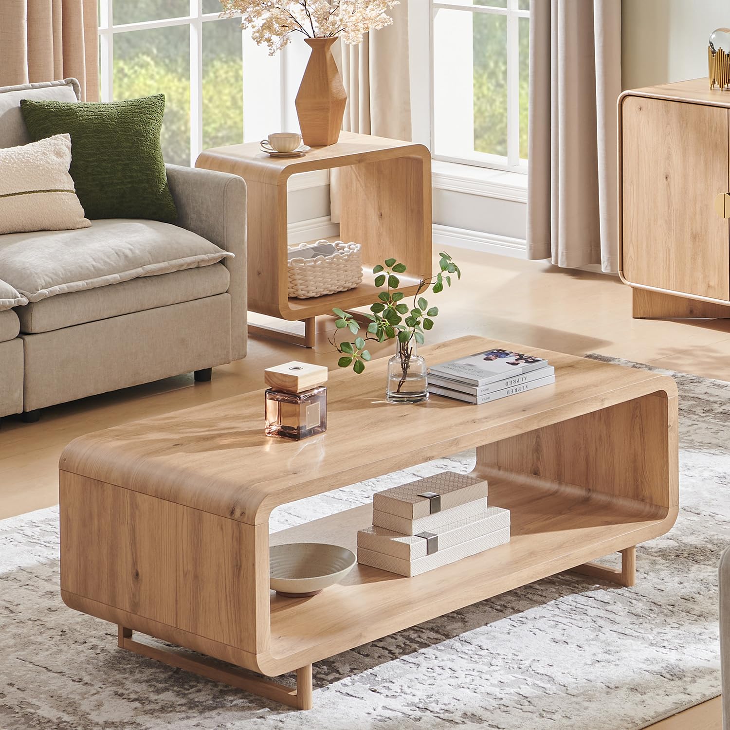 IFGET Mesa de Centro Moderna de 48", Mesa Central Minimalista de 2 Niveles con Estante - Imagen 3
