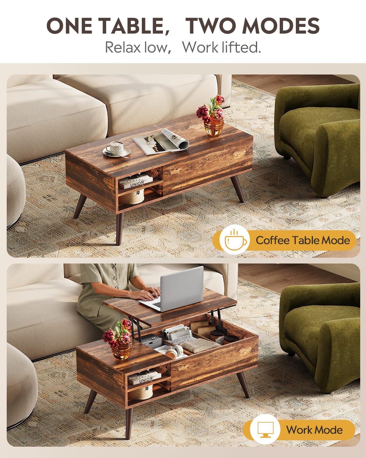 WLIVE Mesa auxiliar elevable con almacenamiento oculto, estante ajustable - Imagen 4