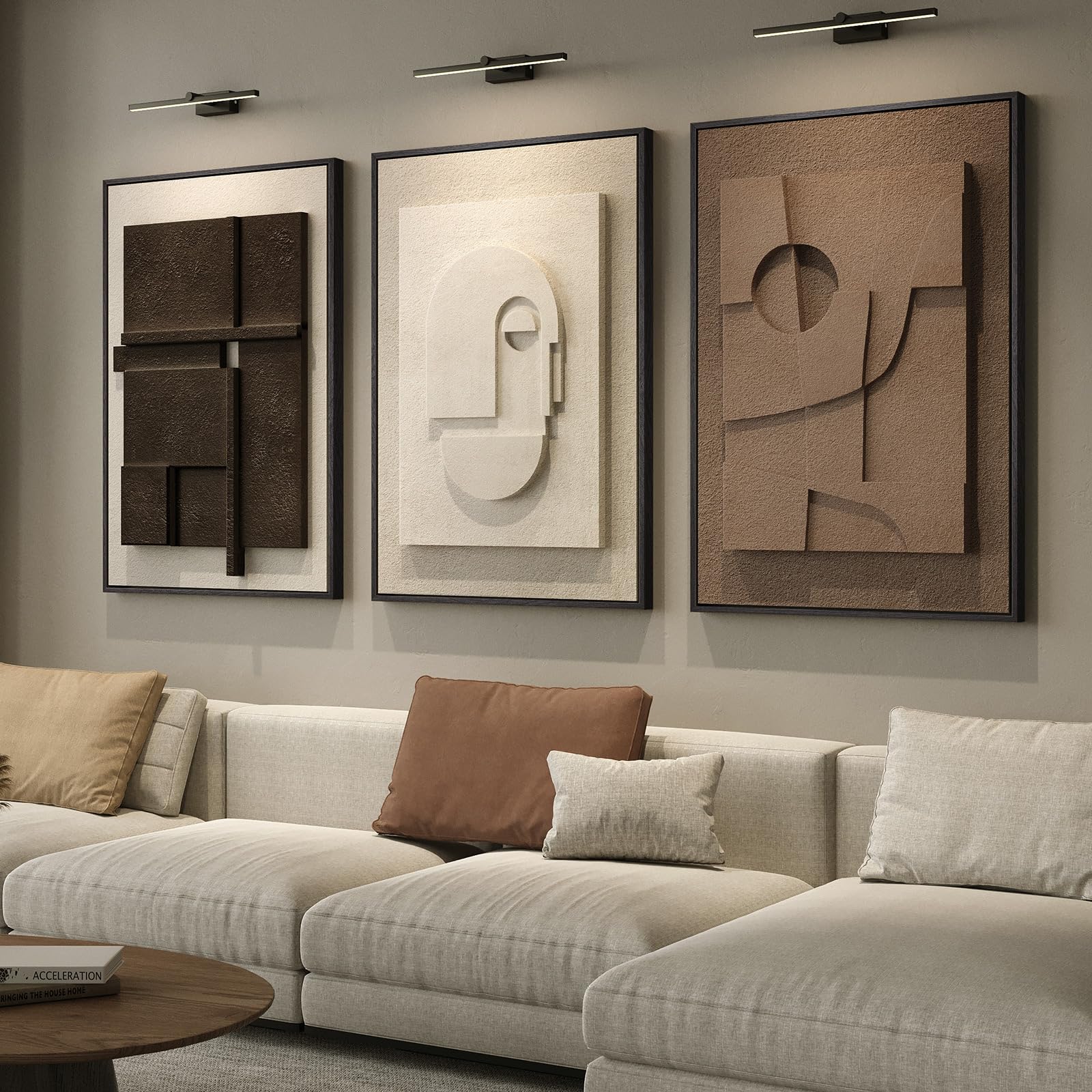 Arte de pared abstracto marrón enmarcado grande 3D para sala de estar, 3