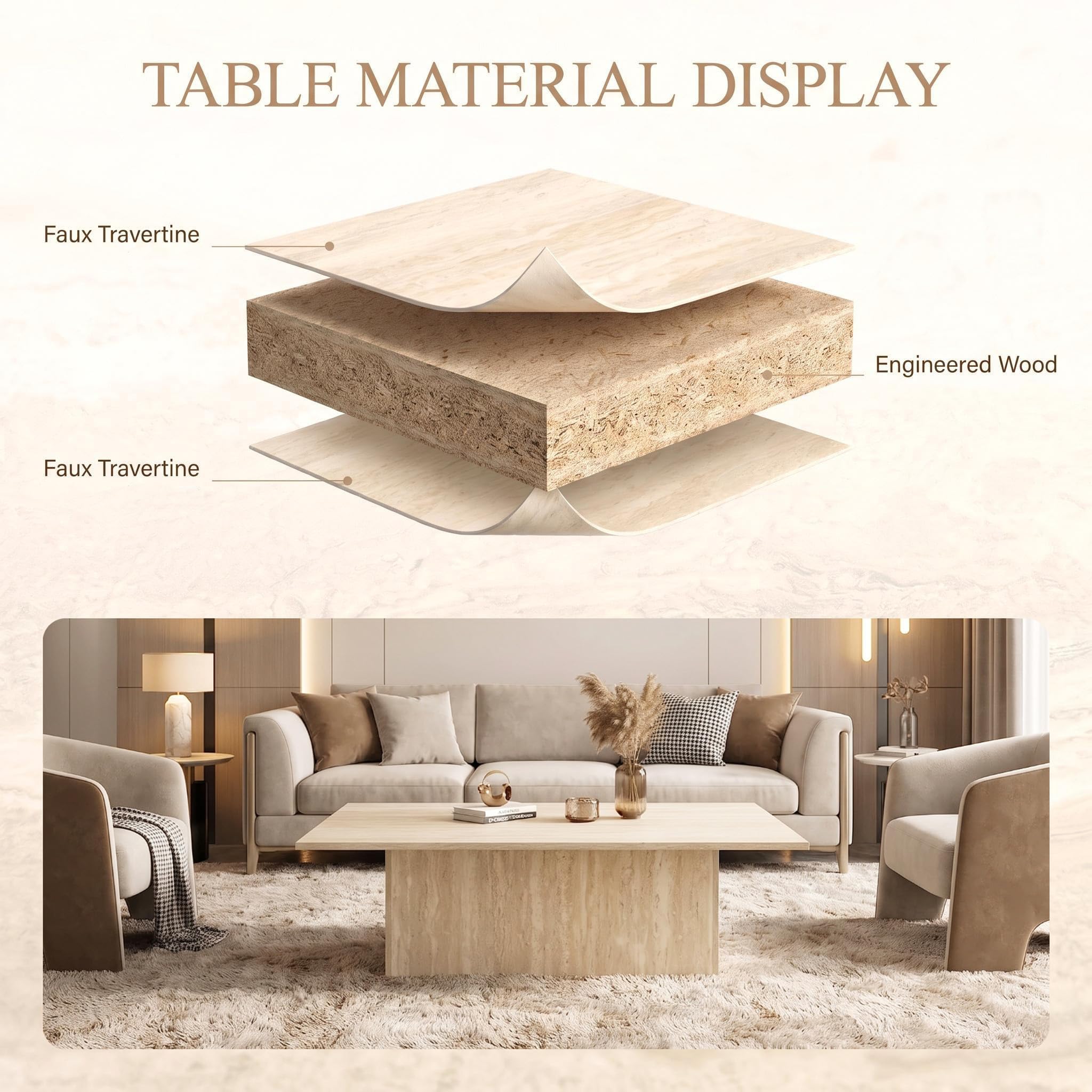 Mesa de centro rectangular moderna beige falso travertino - Imagen 4