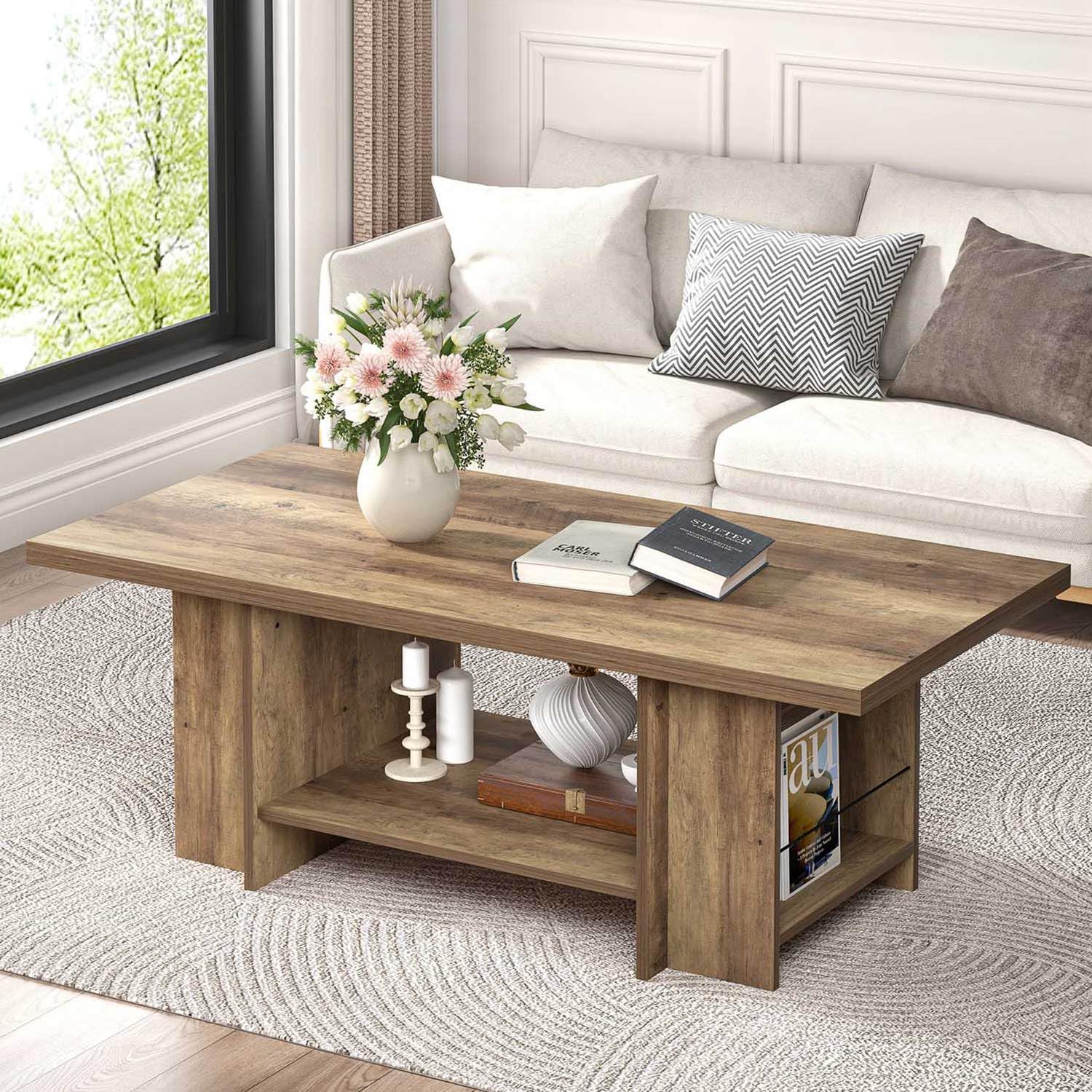 Mesa auxiliar de madera, mesa central moderna para sala de estar con estante inferior