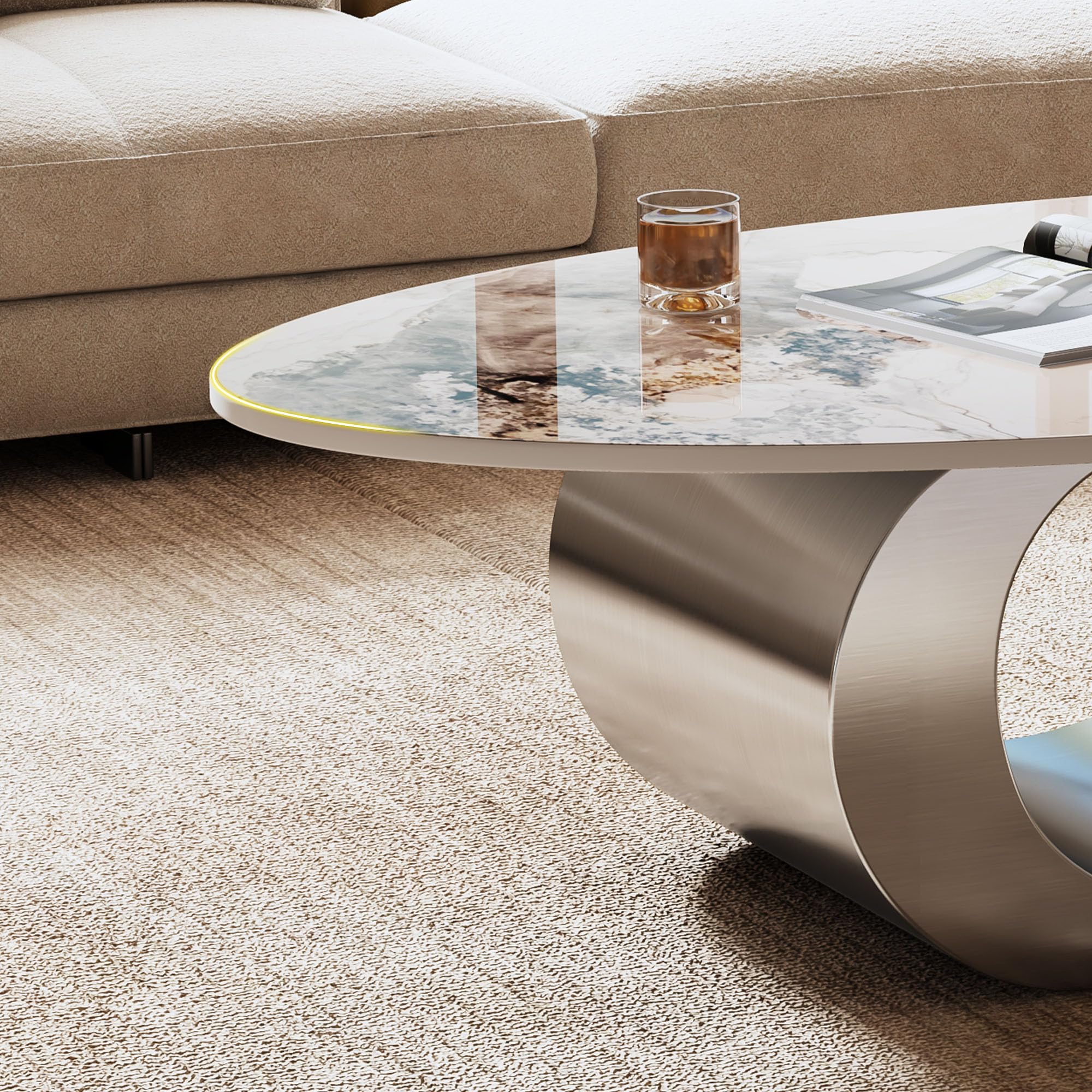 Mesa de centro moderna ovalada de mármol sintético de 49.2 pulgadas con base de metal - Imagen 4