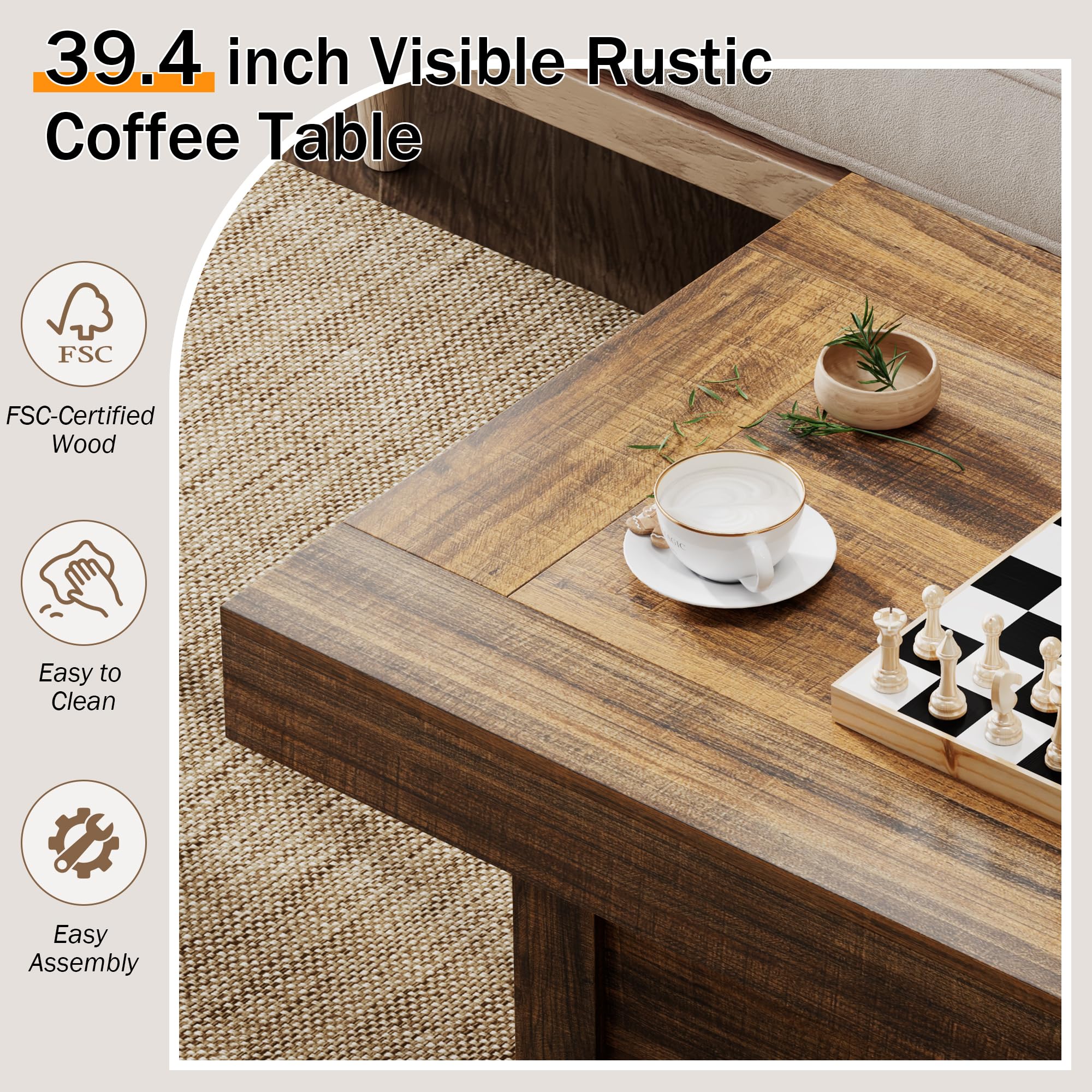 Mesa de centro rústica de 39 pulgadas para sala de estar con - Imagen 3