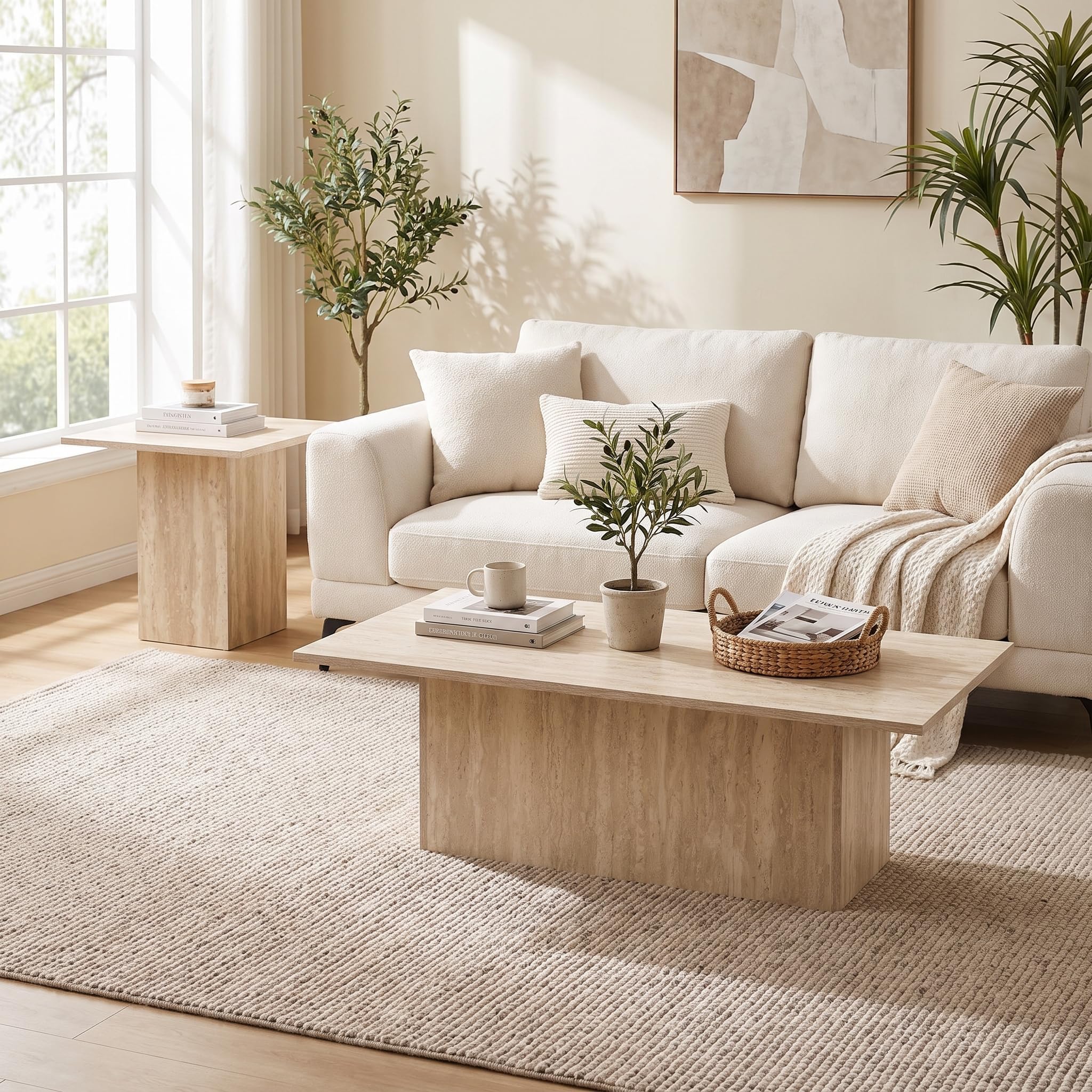Mesa de centro rectangular moderna beige falso travertino - Imagen 3