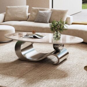 Mesa de centro ovalada de mármol sintético de 49.2 pulgadas con base de acero inoxidable