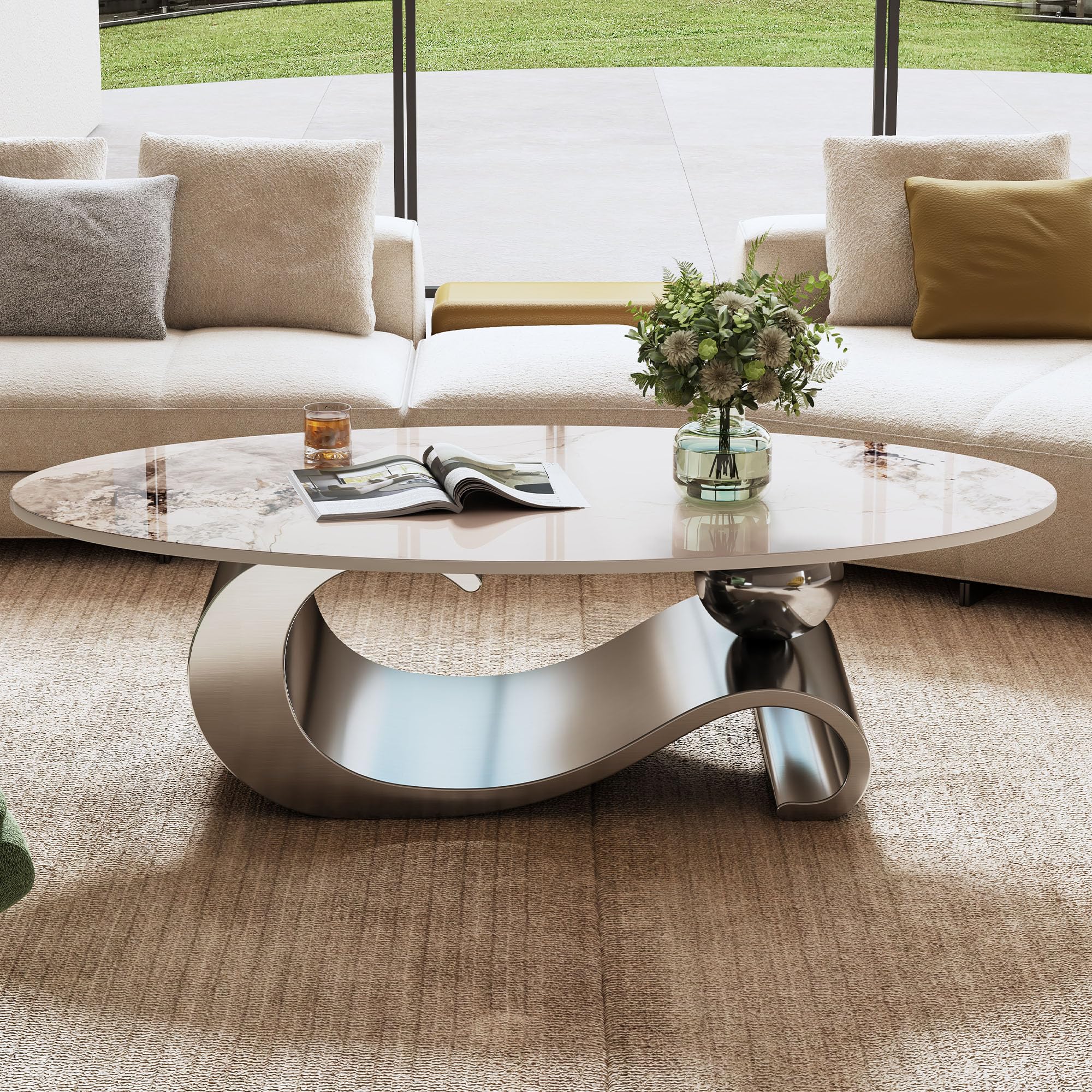 Mesa de centro moderna ovalada de mármol sintético de 49.2 pulgadas con base de metal