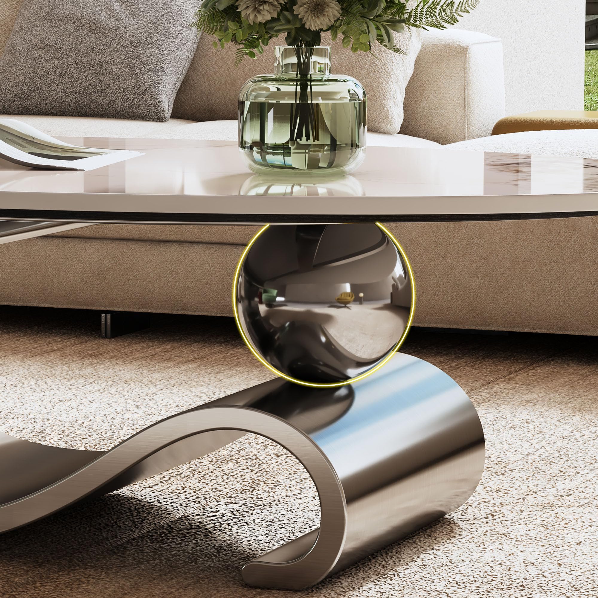Mesa de centro moderna ovalada de mármol sintético de 49.2 pulgadas con base de metal - Imagen 3
