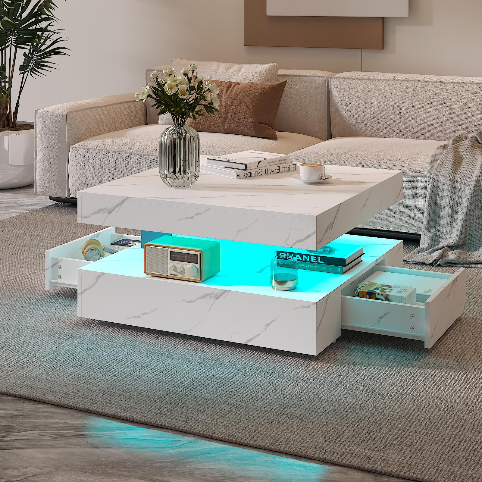 Mesa auxiliar LED con 2 cajones de almacenamiento para sala de estar