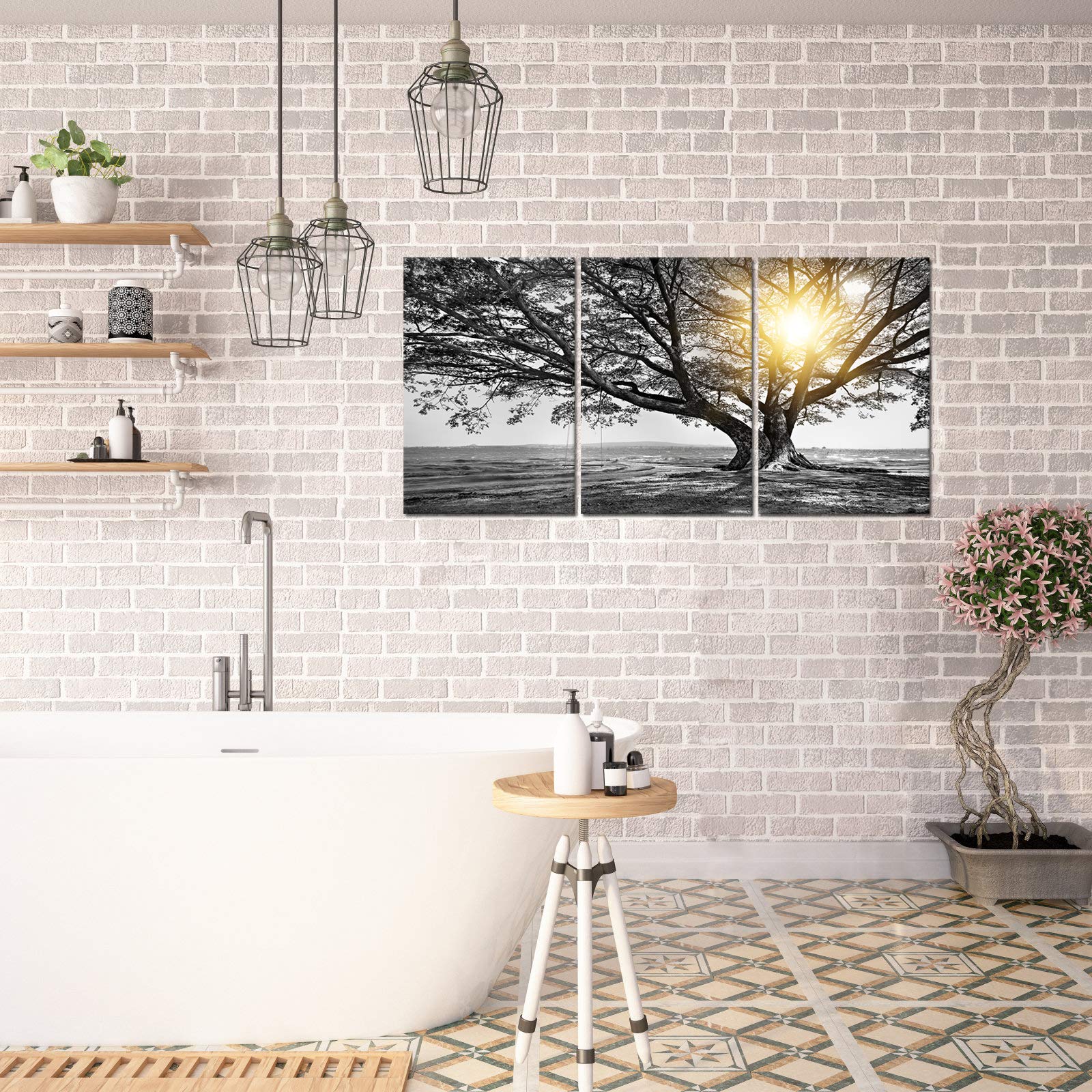 Biuteawal Arte de pared de 3 piezas de árbol blanco y negro al amanecer cálido paisaje - Imagen 2