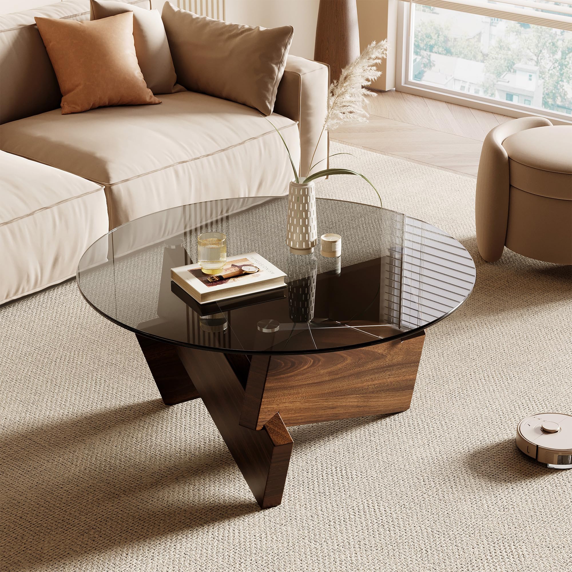 Modern Round Coffee Table, 30.7" x 30.7" x 16.1" Tempered Glass Top for Living Room