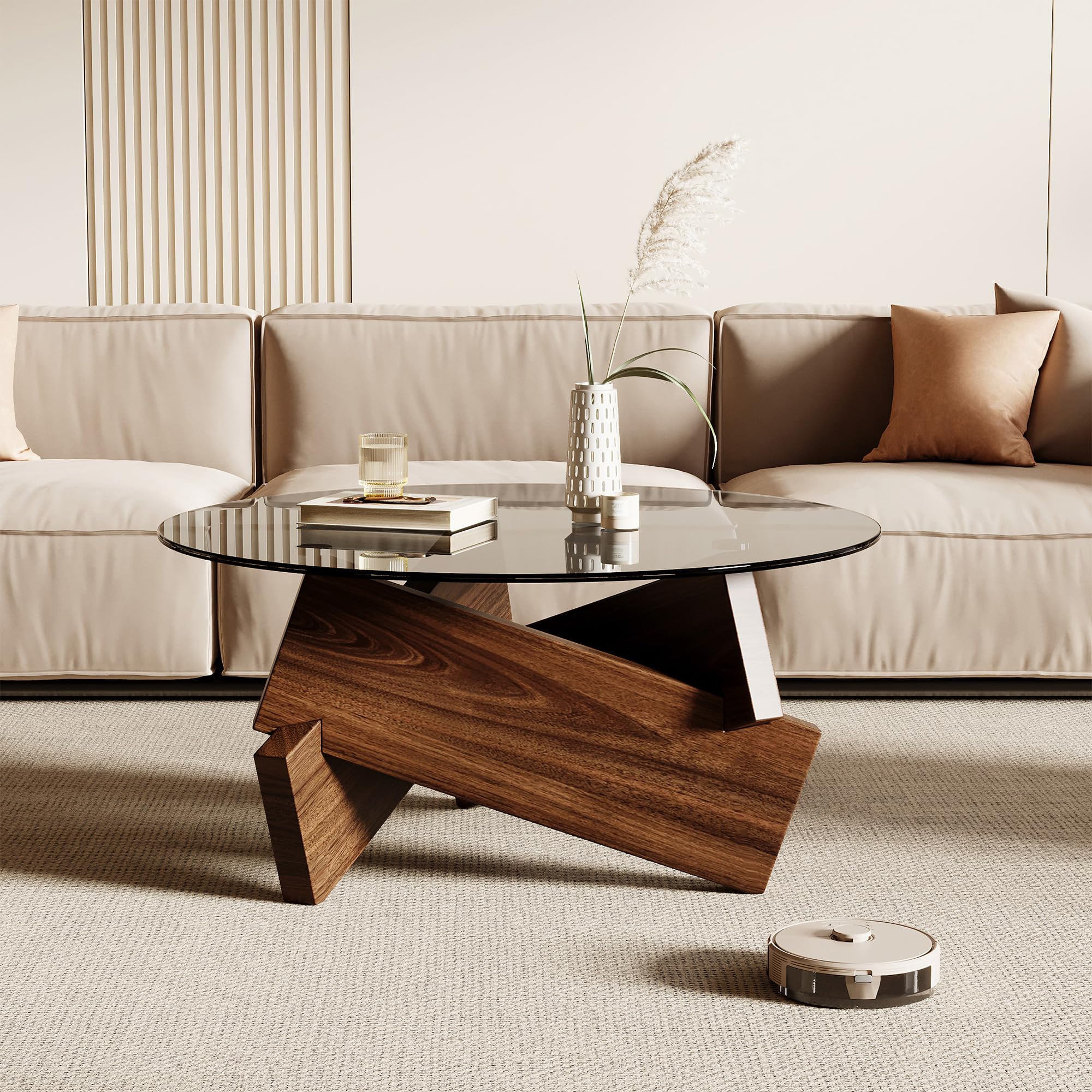 Modern Round Coffee Table, 30.7" x 30.7" x 16.1" Tempered Glass Top for Living Room - Imagen 3