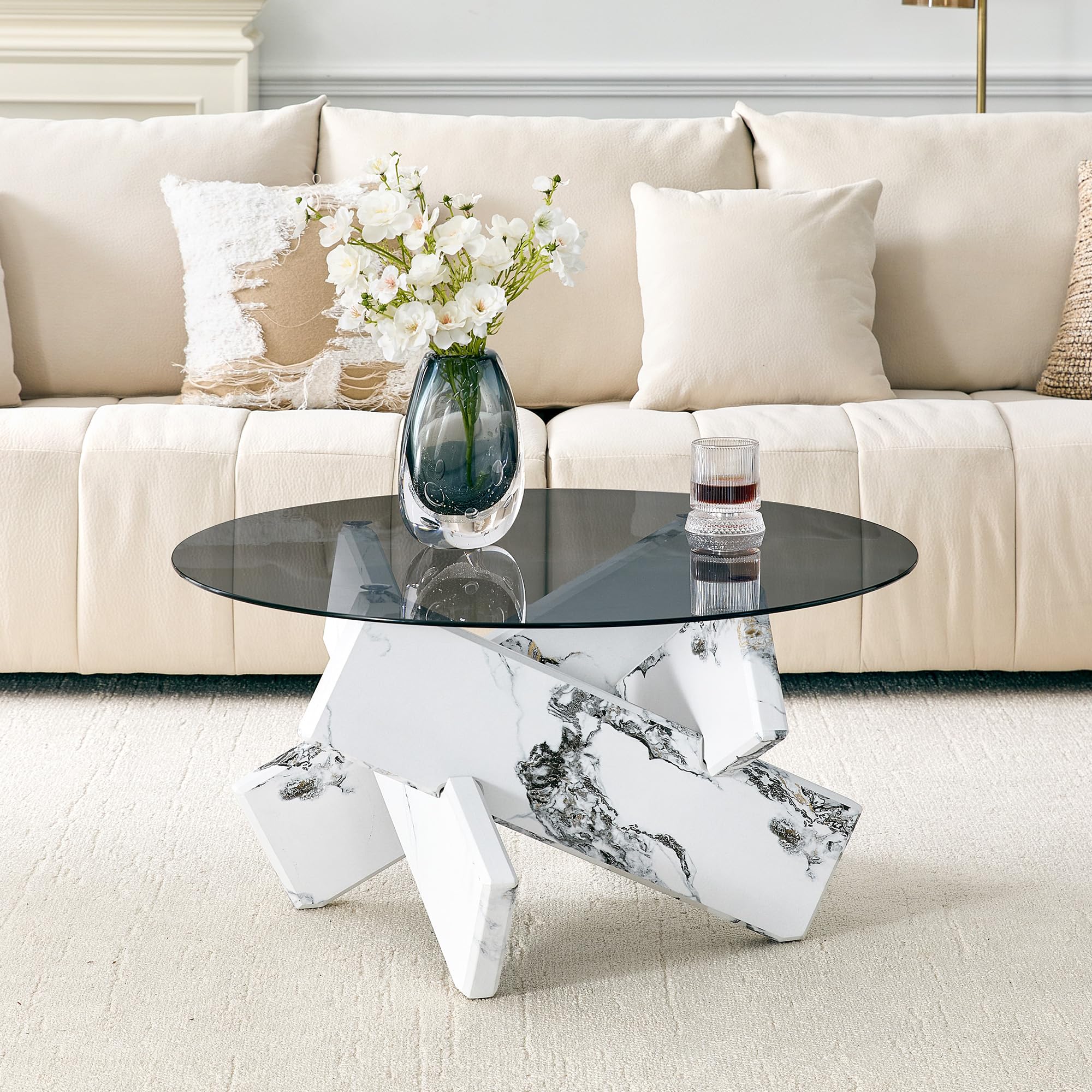 Mesa de centro redonda de cristal gris, tapa de vidrio templado de 33.4 pulgadas