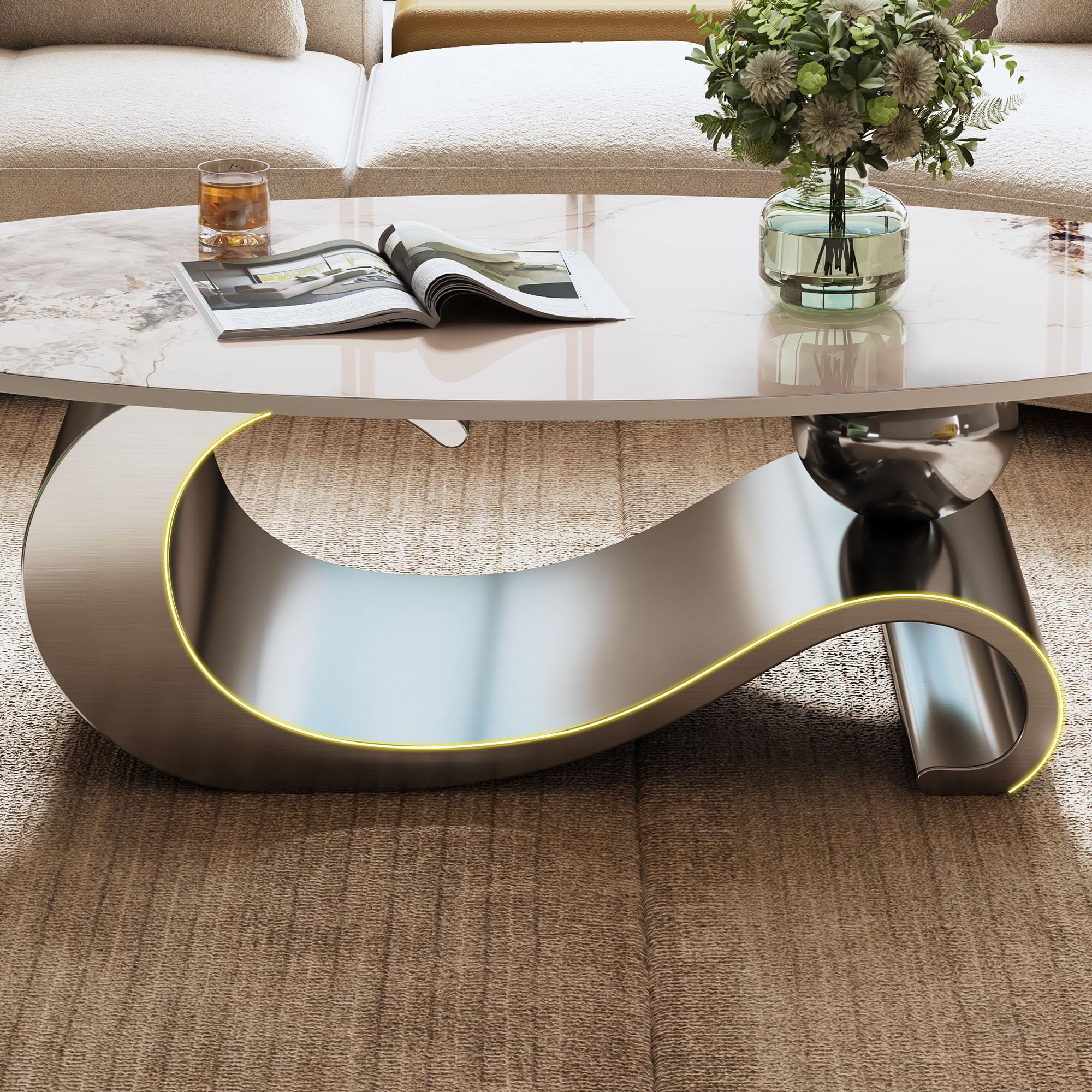 Mesa de centro moderna ovalada de mármol sintético de 49.2 pulgadas con base de metal - Imagen 5