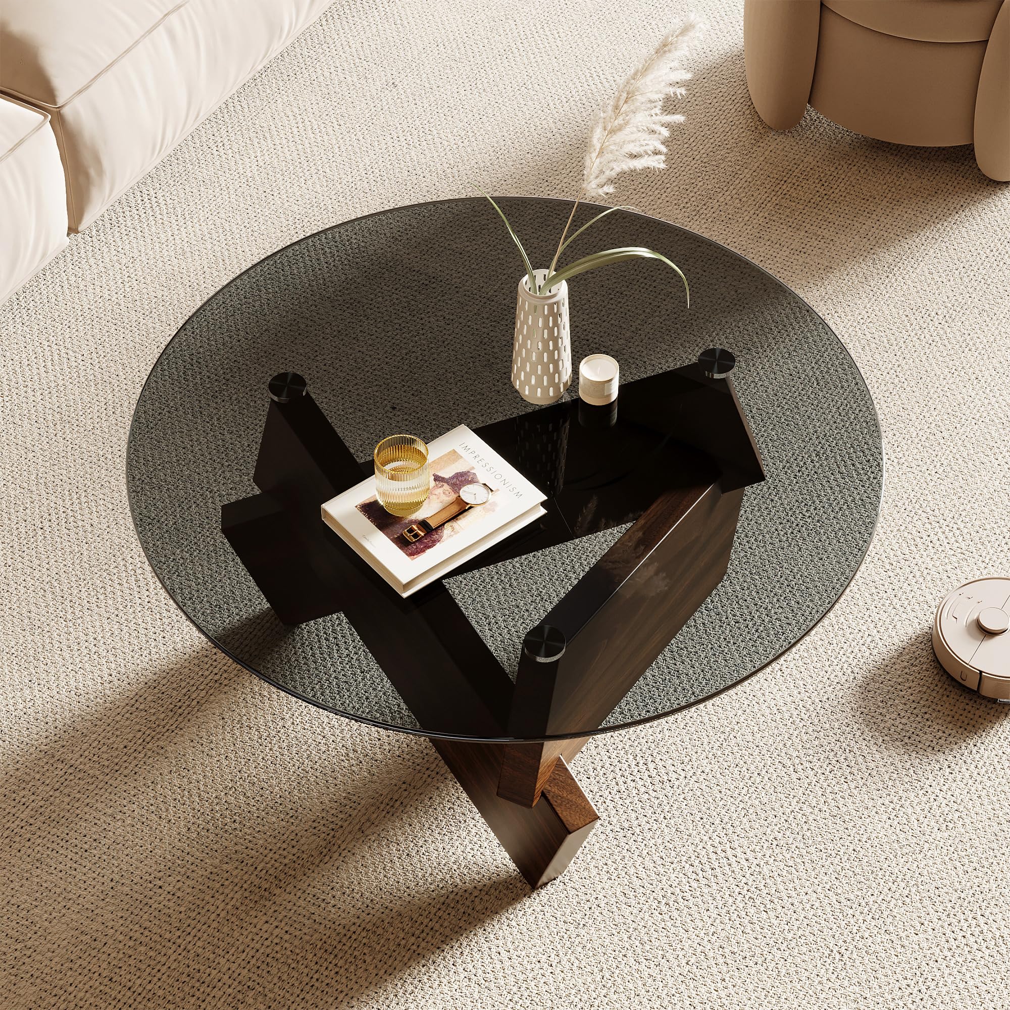 Modern Round Coffee Table, 30.7" x 30.7" x 16.1" Tempered Glass Top for Living Room - Imagen 4